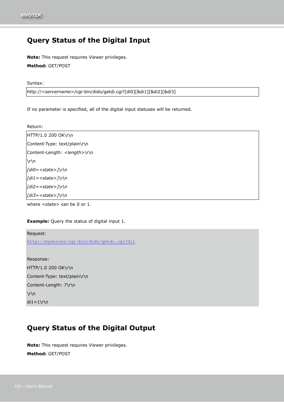 Query status of the digital input, Query status of the digital output | Vivotek IZ7151 User Manual | Page 100 / 110