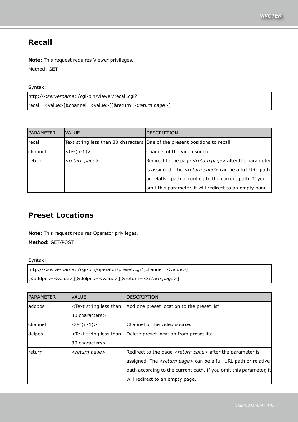 Recall, Preset locations | Vivotek IZ7151 User Manual | Page 105 / 110