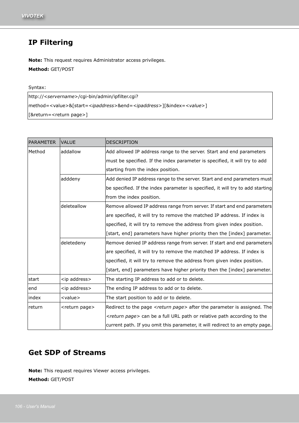 Ip filtering, Get sdp of streams | Vivotek IZ7151 User Manual | Page 106 / 110