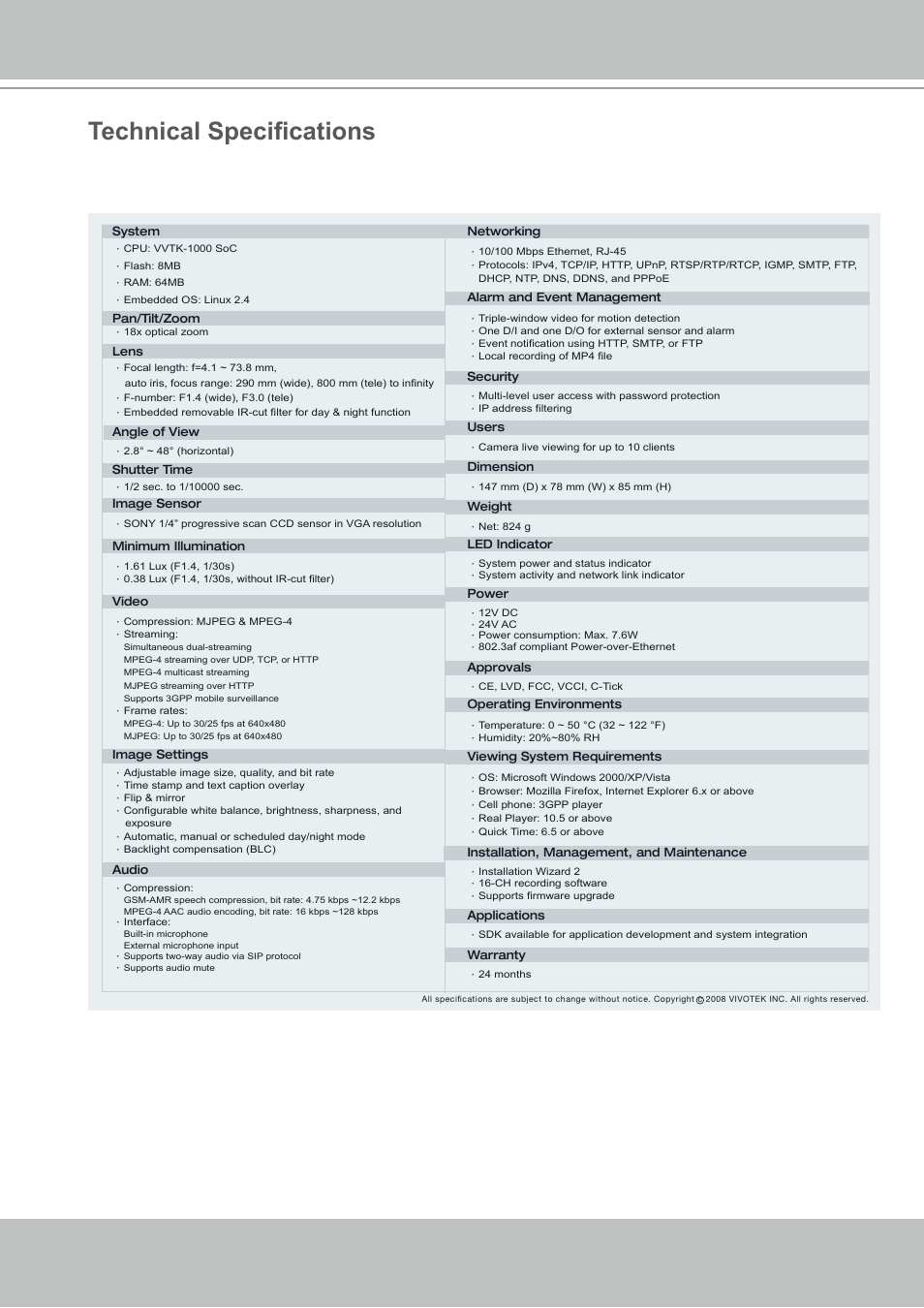 Technical specifications, Network camera, 18x zoom day&night progressive scan ccd | Vivotek | Vivotek IZ7151 User Manual | Page 108 / 110