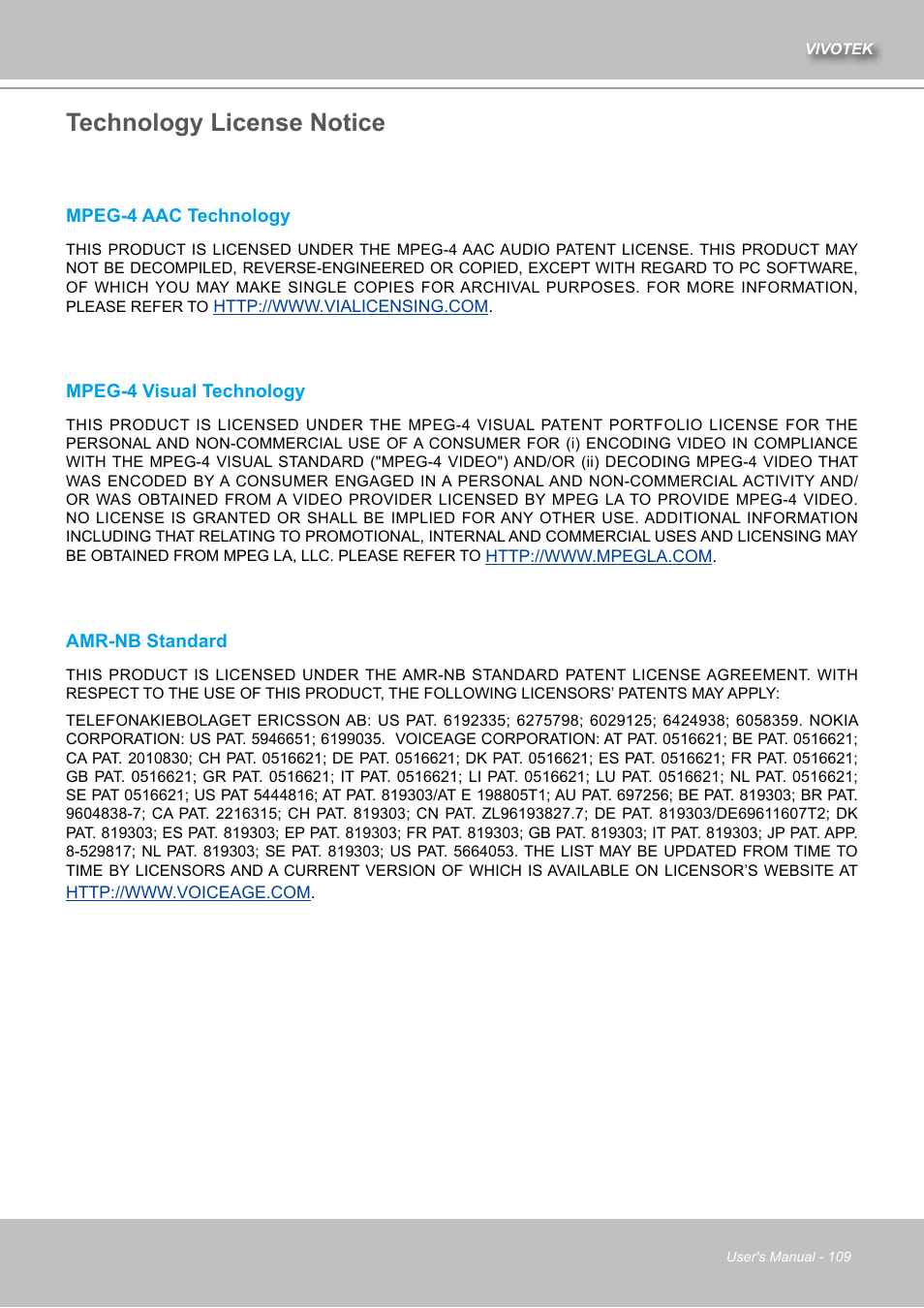 Technology license notice | Vivotek IZ7151 User Manual | Page 109 / 110