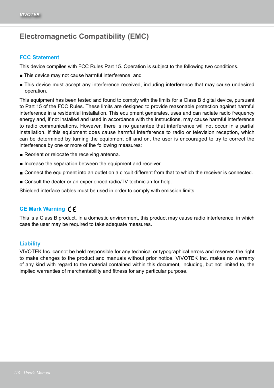 Electromagnetic compatibility (emc) | Vivotek IZ7151 User Manual | Page 110 / 110