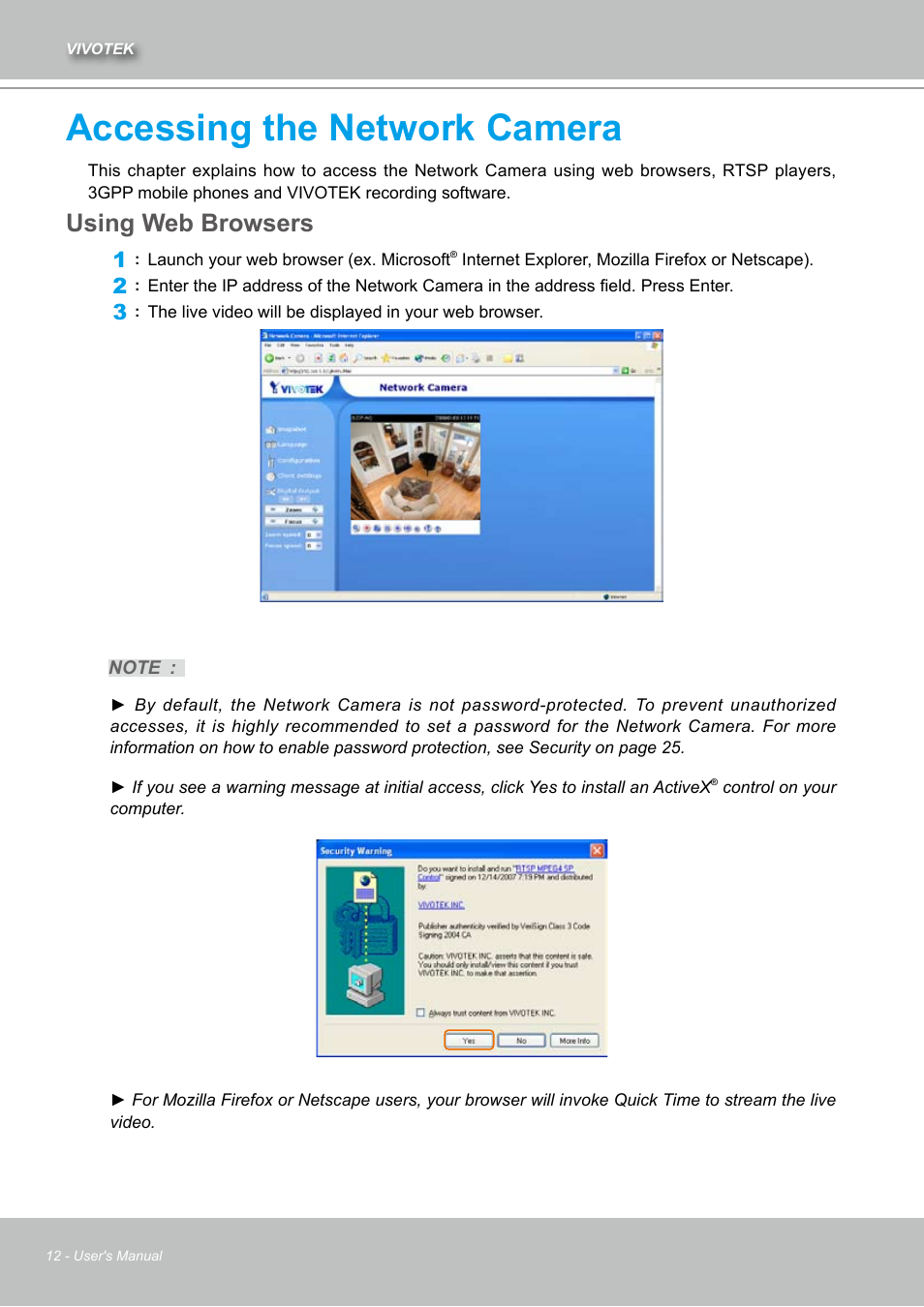 Accessing the network camera, Using web browsers | Vivotek IZ7151 User Manual | Page 12 / 110