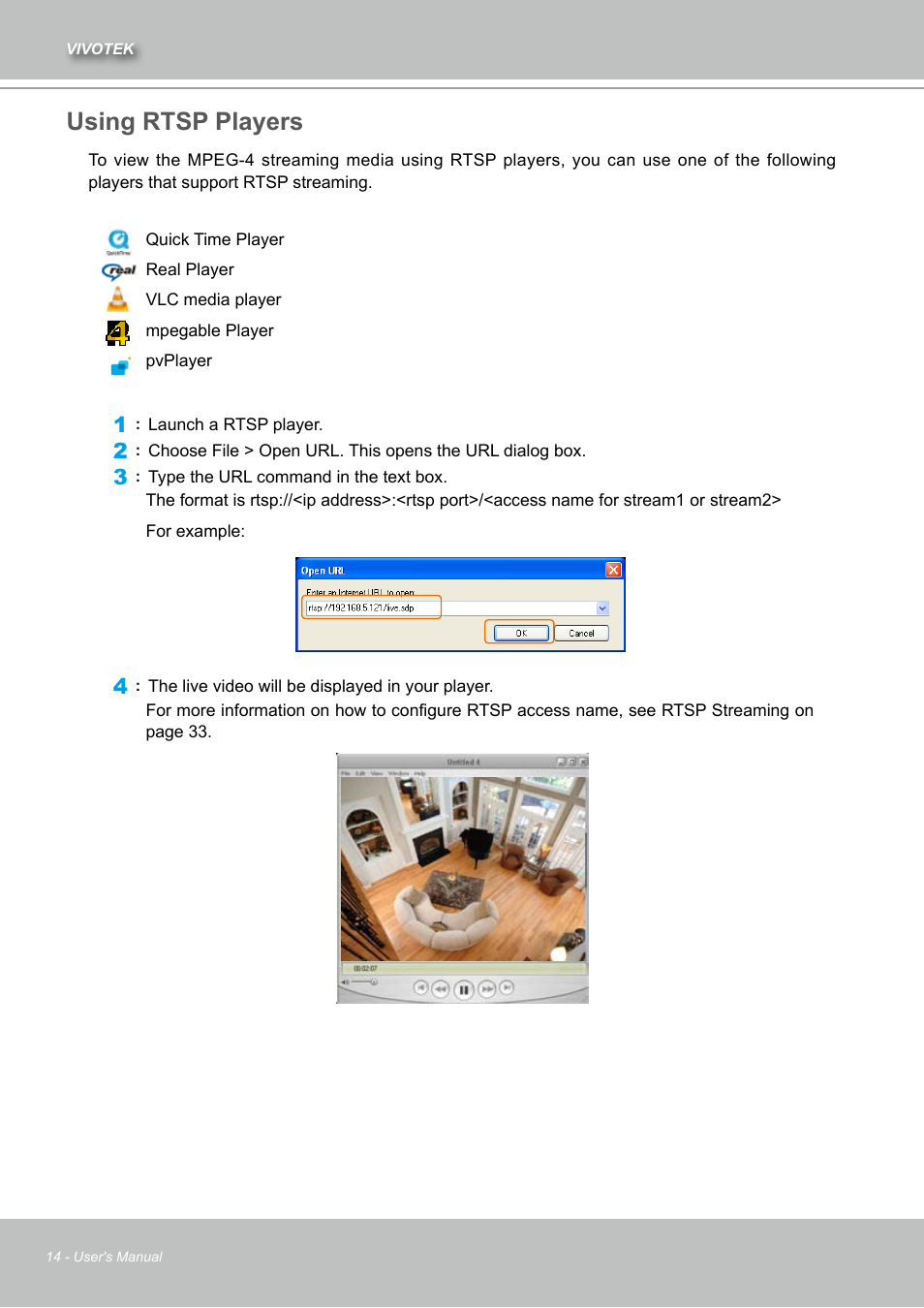 Using rtsp players | Vivotek IZ7151 User Manual | Page 14 / 110