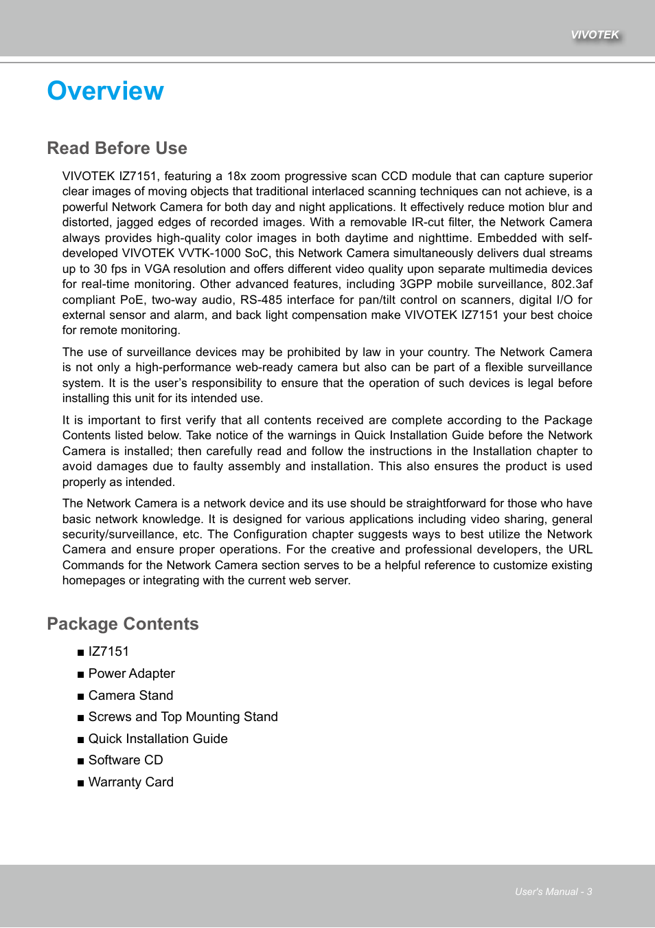 Overview, Read before use, Package contents | Vivotek IZ7151 User Manual | Page 3 / 110