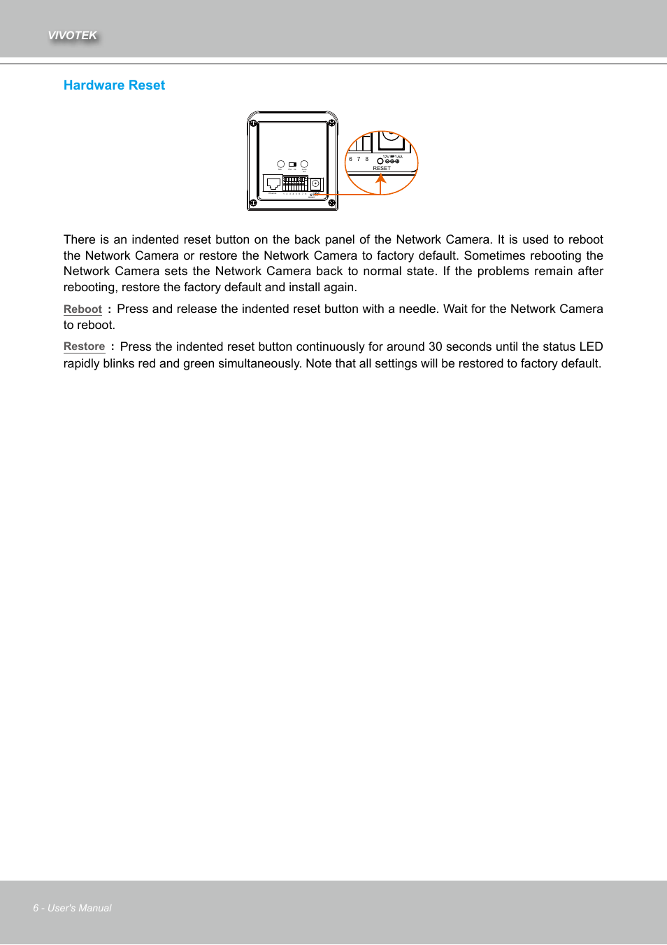 Hardware reset, Vivotek, Reboot | Restore | Vivotek IZ7151 User Manual | Page 6 / 110