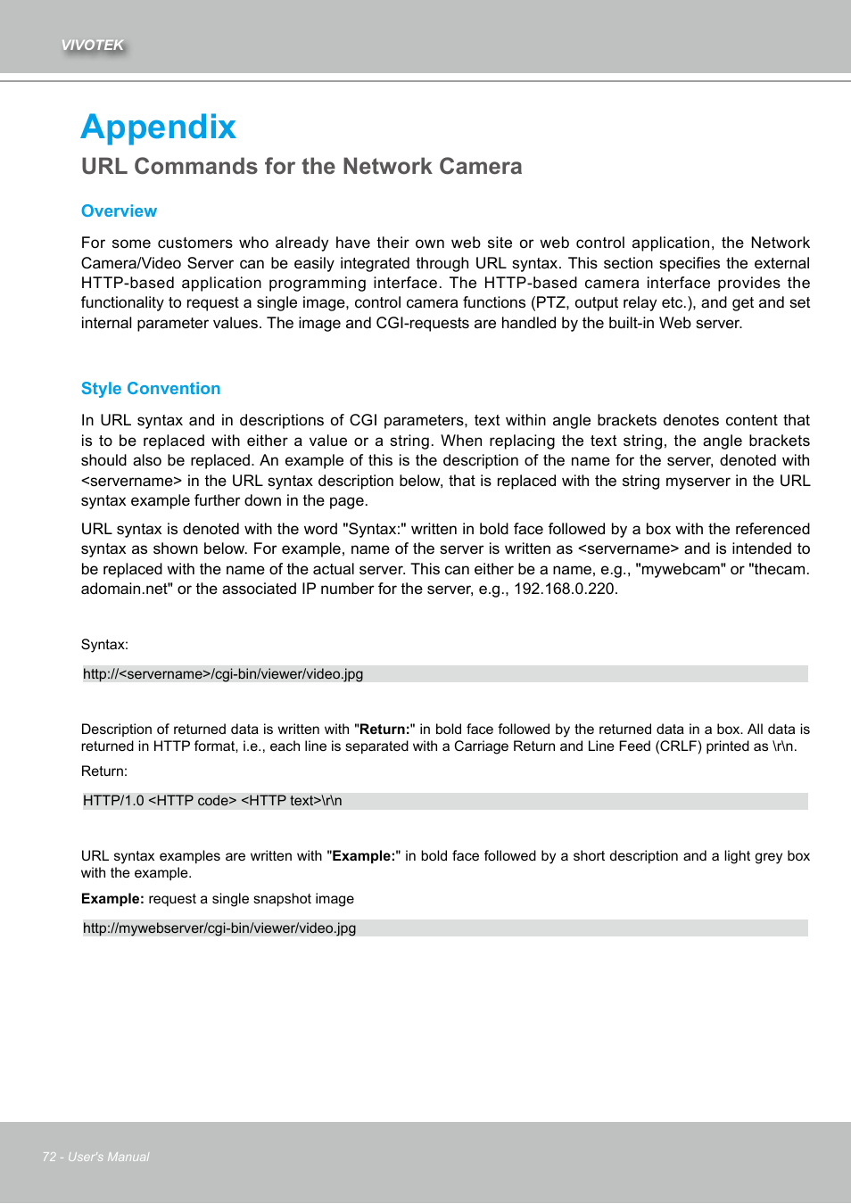 Appendix, Url commands for the network camera | Vivotek IZ7151 User Manual | Page 72 / 110