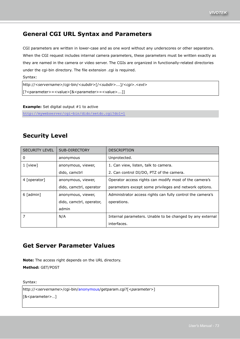 General cgi url syntax and parameters, Security level, Get server parameter values | Vivotek IZ7151 User Manual | Page 73 / 110