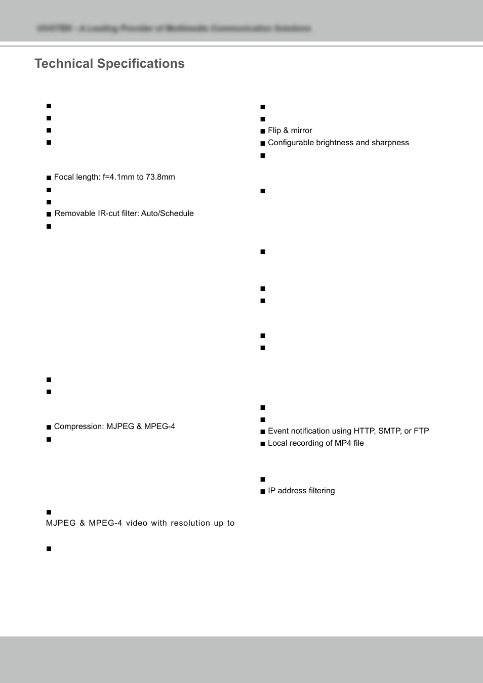 Technical specifications | Vivotek NETWORK CAMERA IZ7151 User Manual | Page 100 / 103