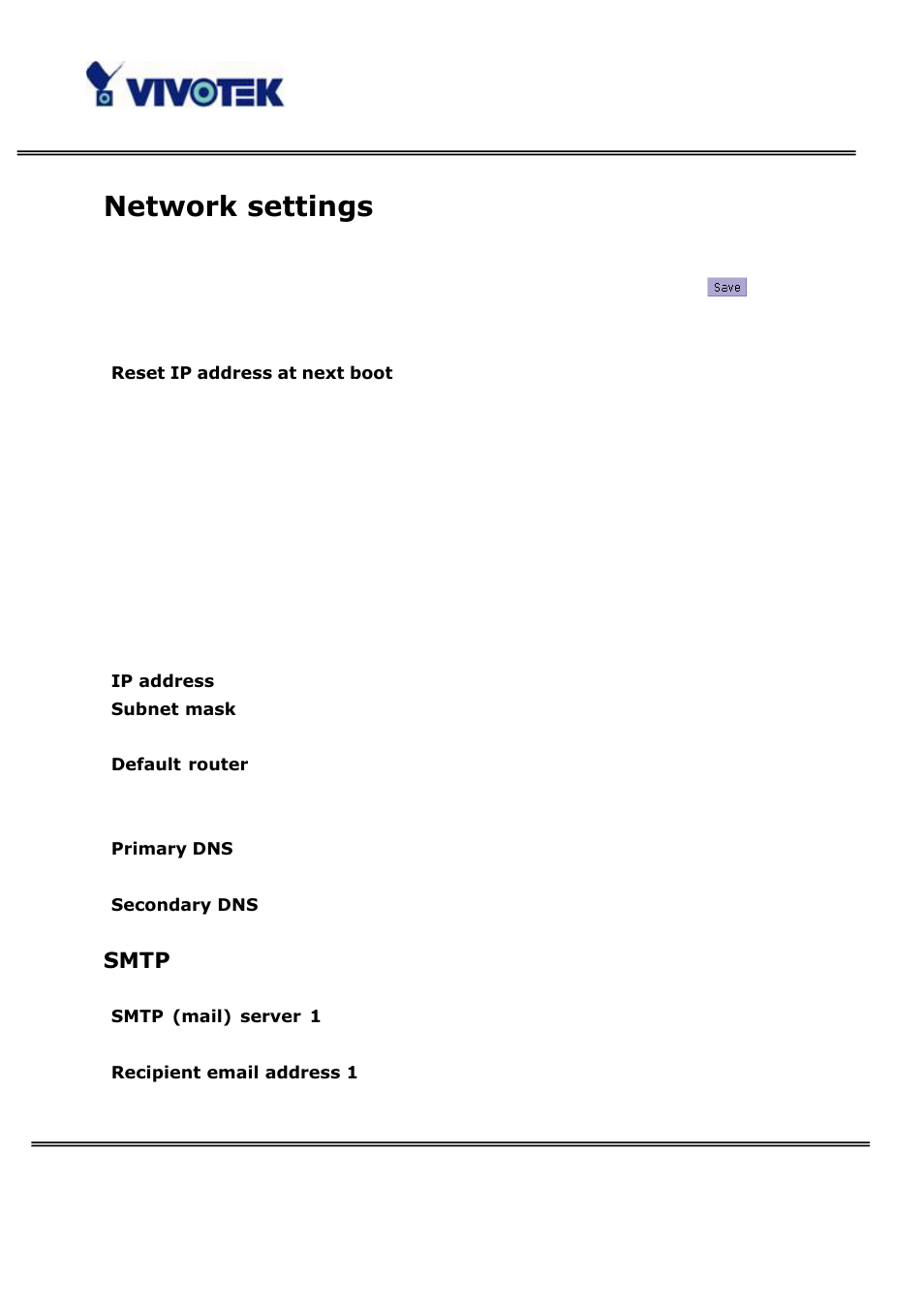 Network settings, Smtp | Vivotek PT3122 User Manual | Page 33 / 64