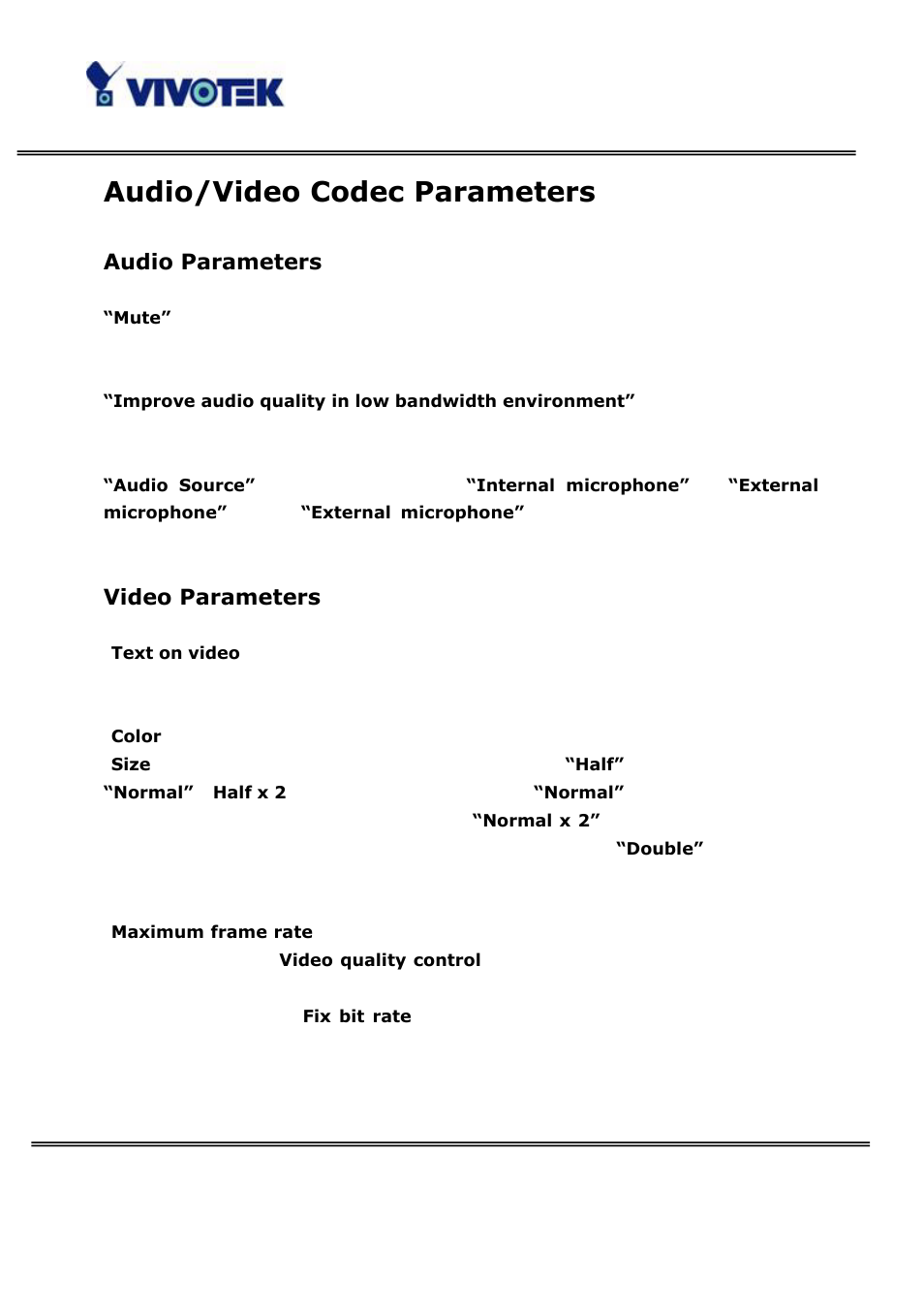 Audio/video codec parameters, Audio parameters, Video parameters | Vivotek PT3122 User Manual | Page 37 / 64