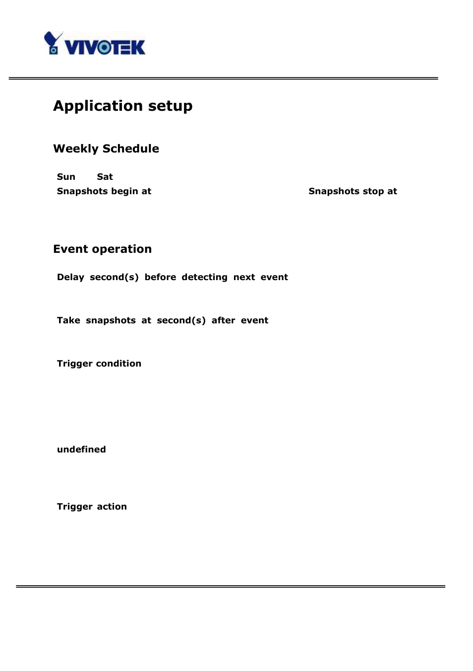 Application setup, Weekly schedule, Event operation | Vivotek PT3122 User Manual | Page 42 / 64