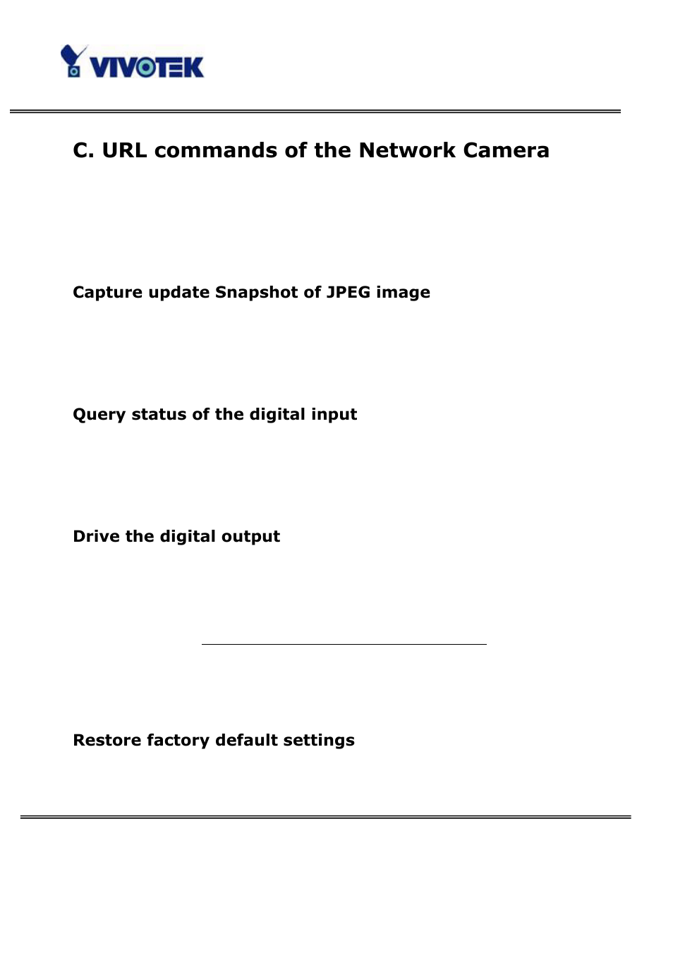 C. url commands of the network camera, Capture update snapshot of jpeg image, Query status of the digital input | Drive the digital output, Restore factory default settings | Vivotek PT3122 User Manual | Page 50 / 64
