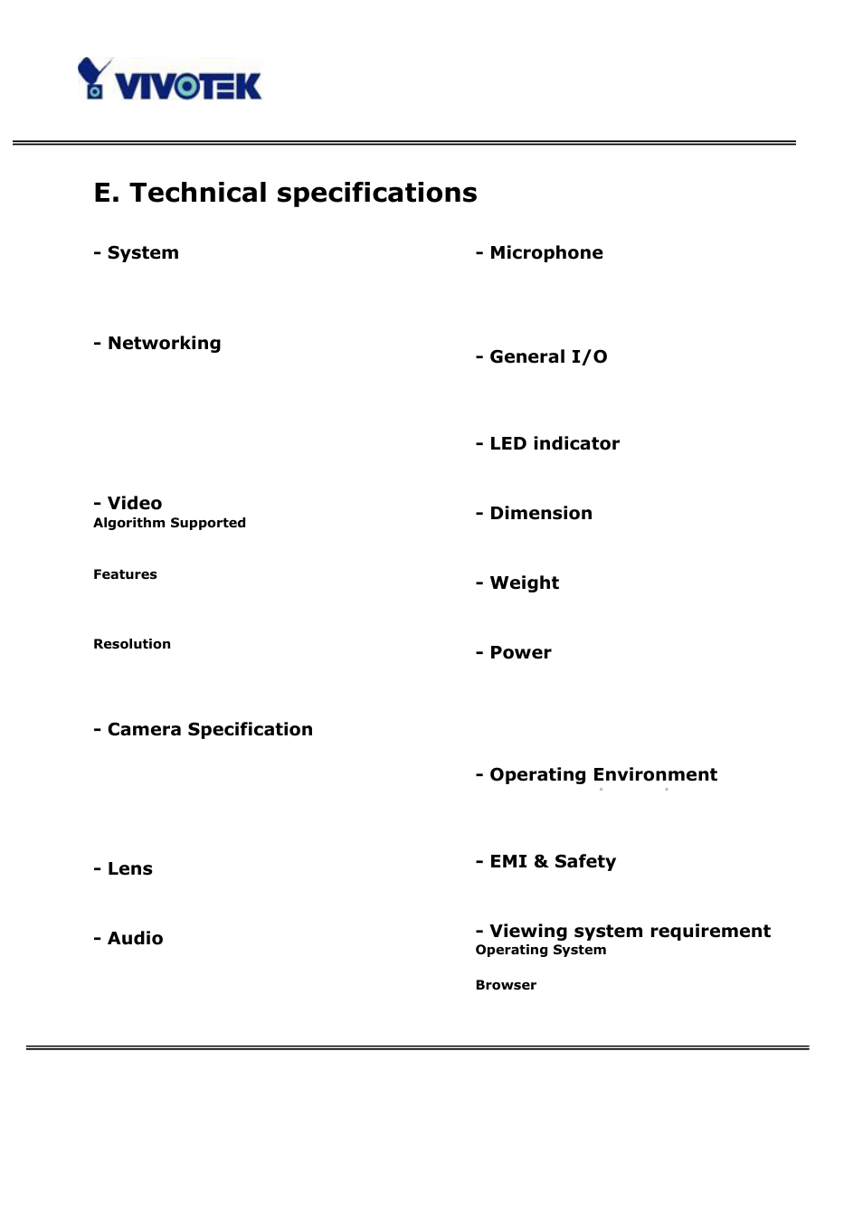E. technical specifications | Vivotek PT3122 User Manual | Page 63 / 64