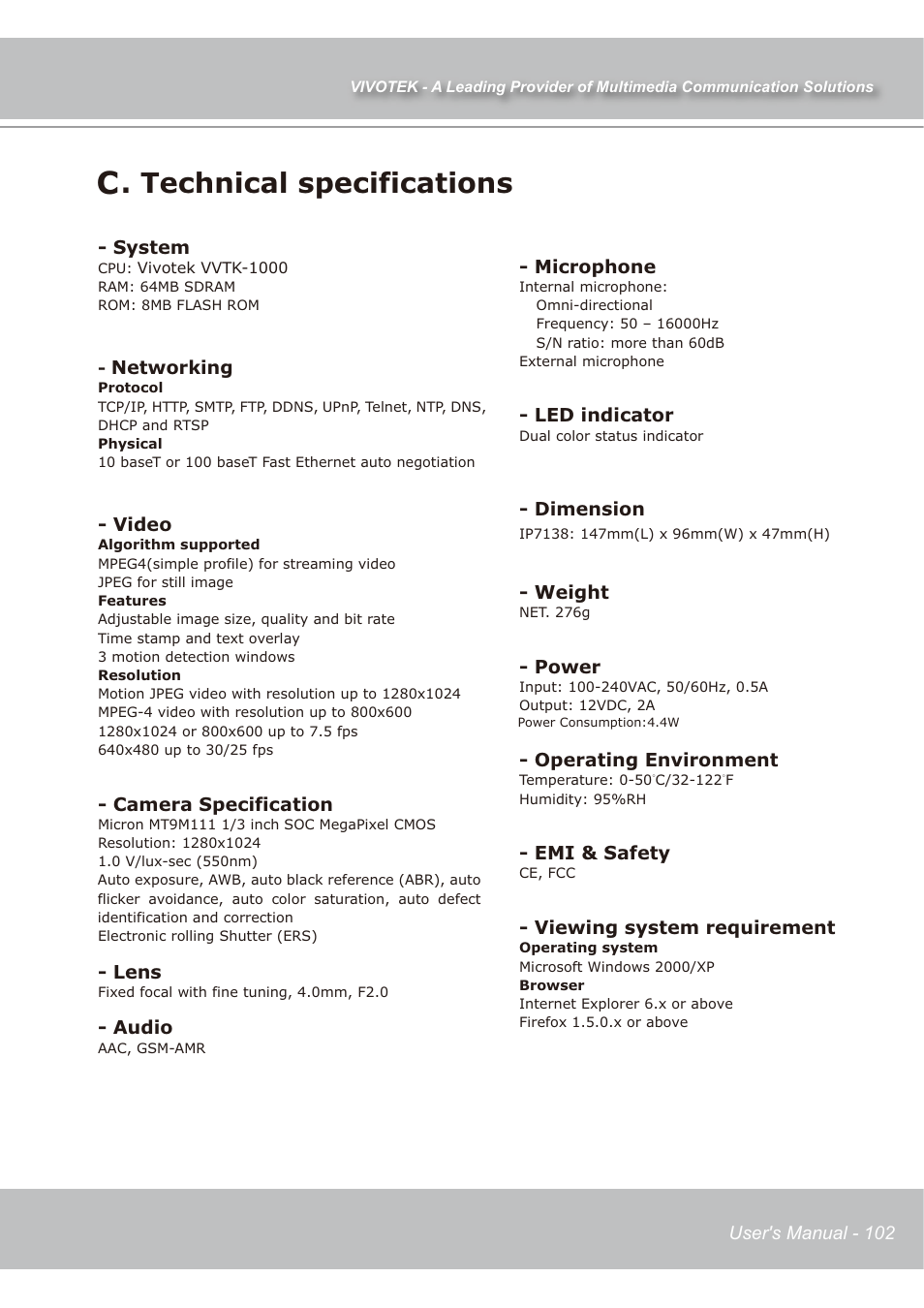D. technical specifications | Vivotek IP7138 User Manual | Page 103 / 105