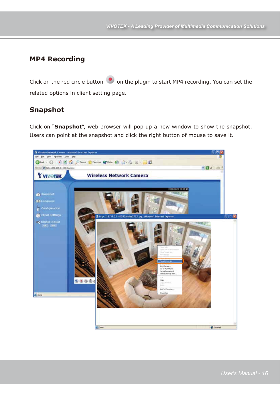 Mp4 recording, Snapshot | Vivotek IP7138 User Manual | Page 17 / 105
