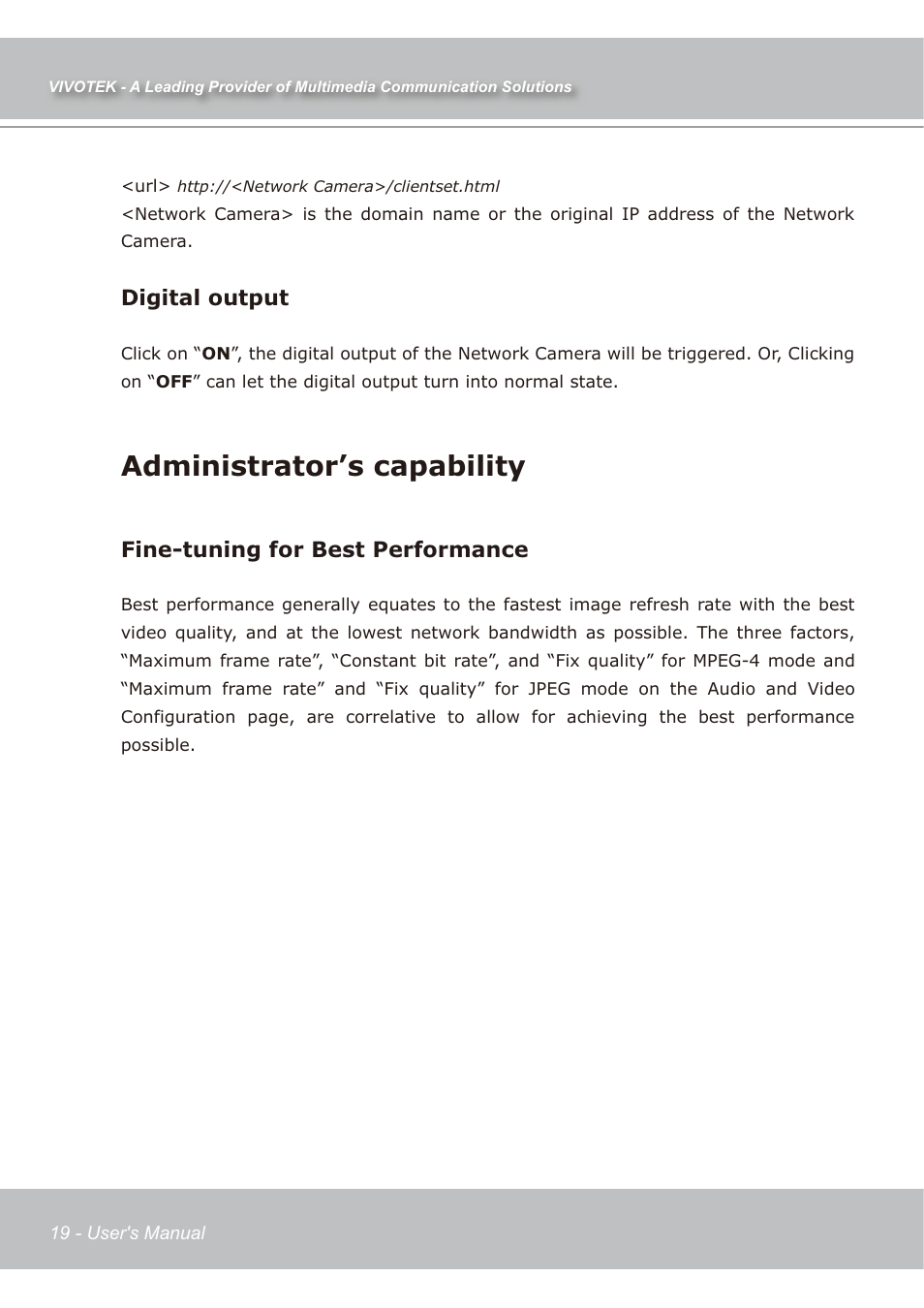 Administrator’s capability, Digital output, Fine-tuning for best performance | Vivotek IP7138 User Manual | Page 20 / 105