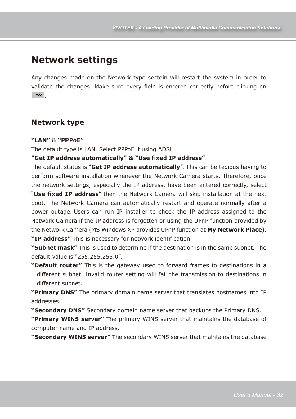 Network settings, Network type | Vivotek IP7138 User Manual | Page 33 / 105