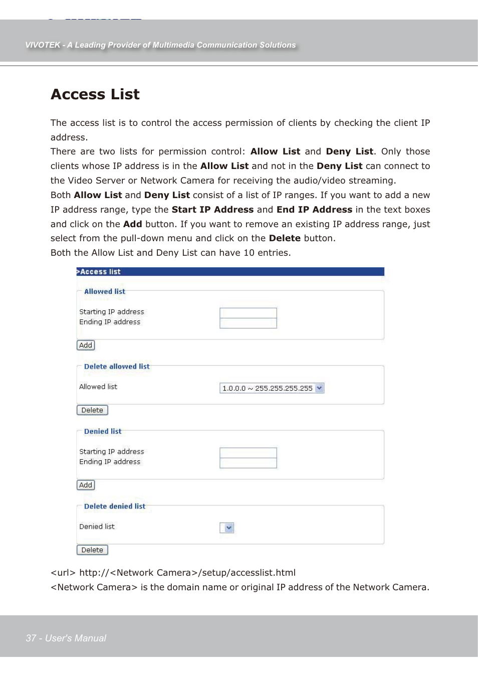 Access list | Vivotek IP7138 User Manual | Page 38 / 105