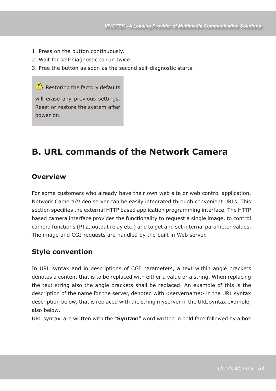 B. url commands of the network camera, Overview, Style convention | Vivotek IP7138 User Manual | Page 65 / 105