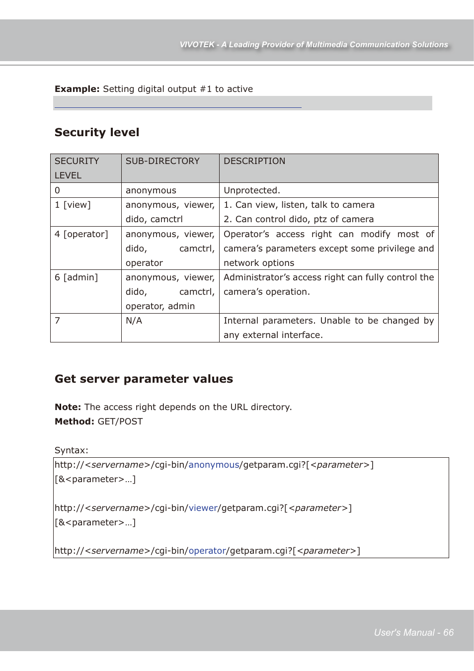 Security level, Get server parameter values | Vivotek IP7138 User Manual | Page 67 / 105