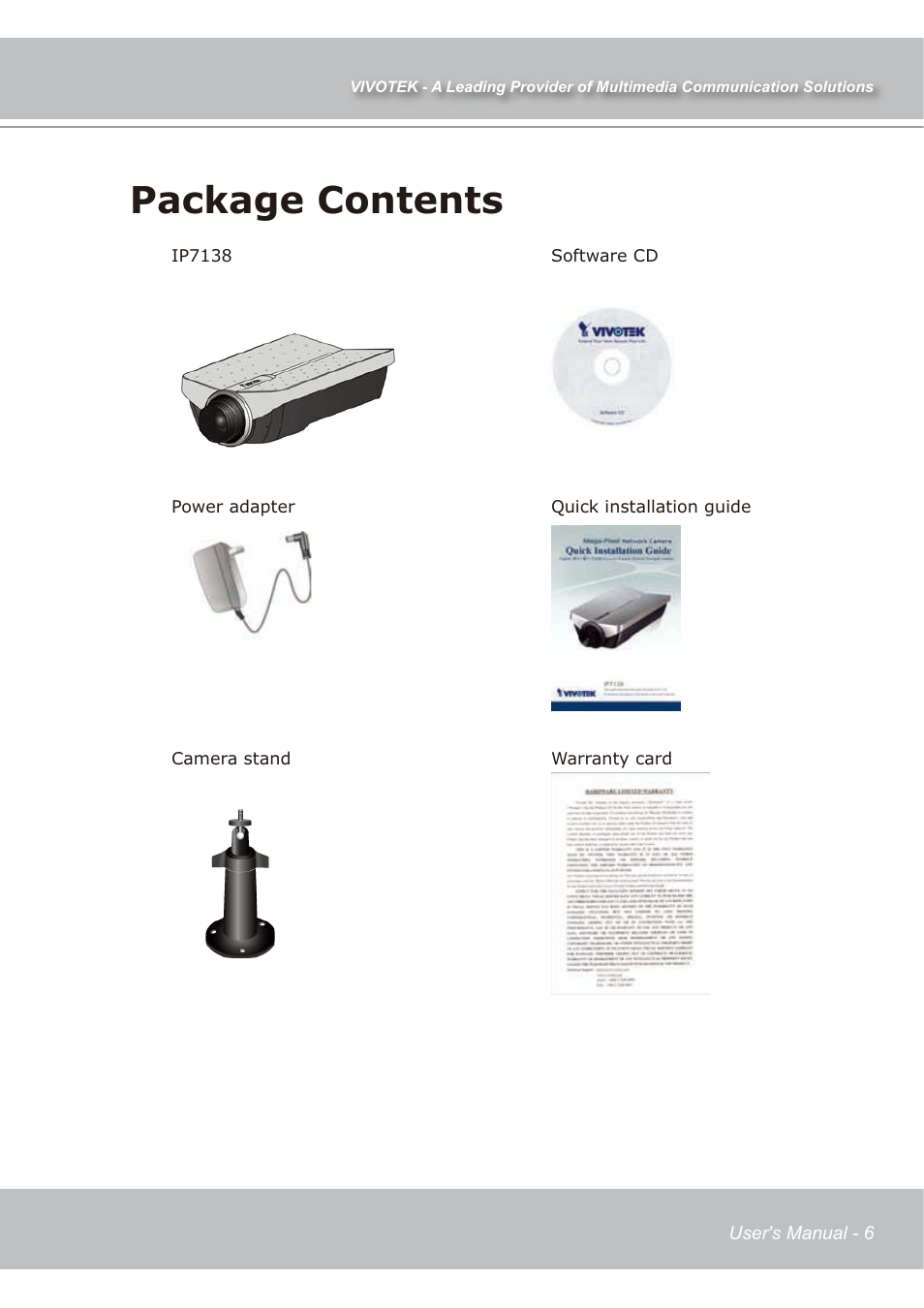 Package contents | Vivotek IP7138 User Manual | Page 7 / 105