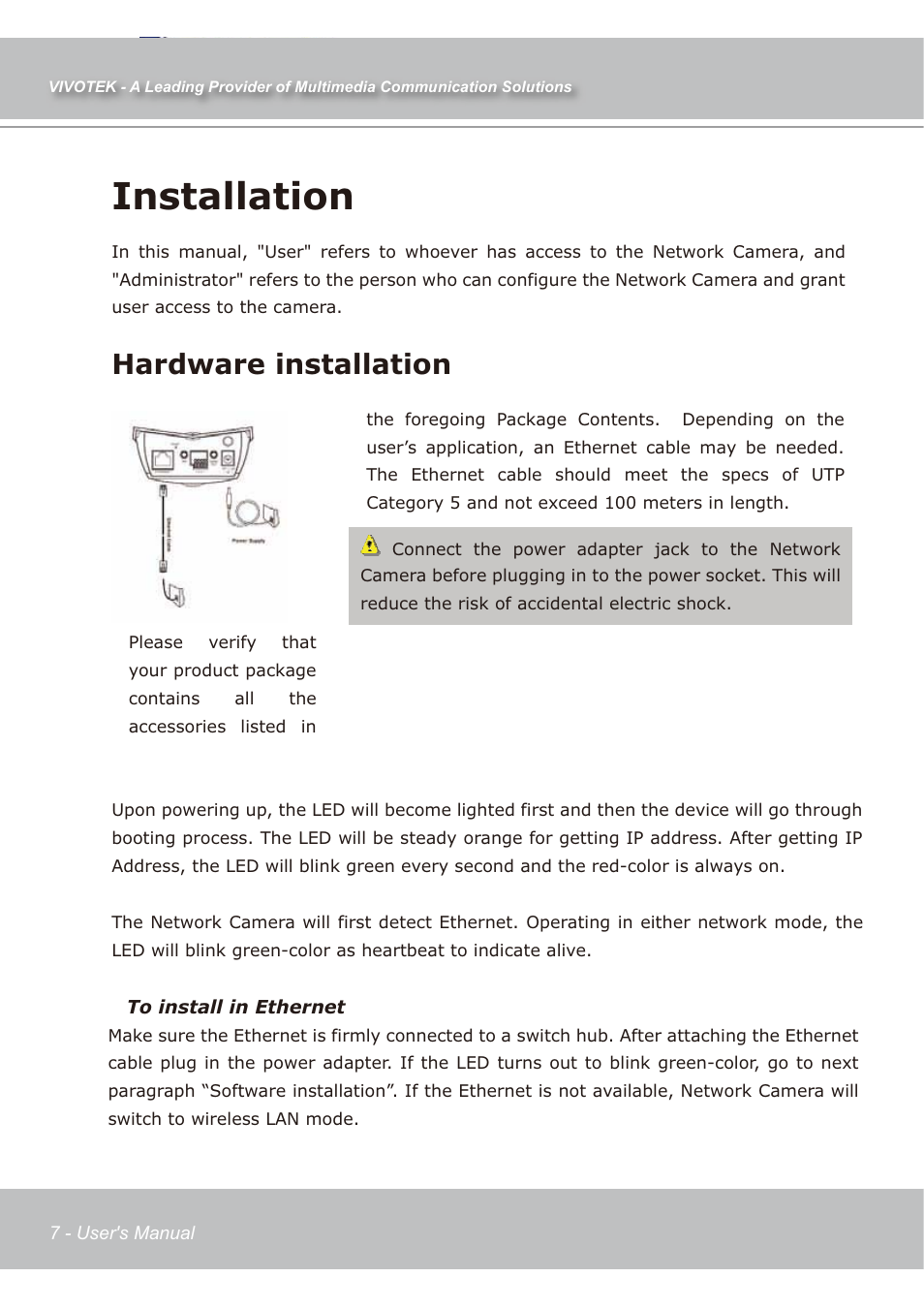 Installation, Hardware installation | Vivotek IP7138 User Manual | Page 8 / 105