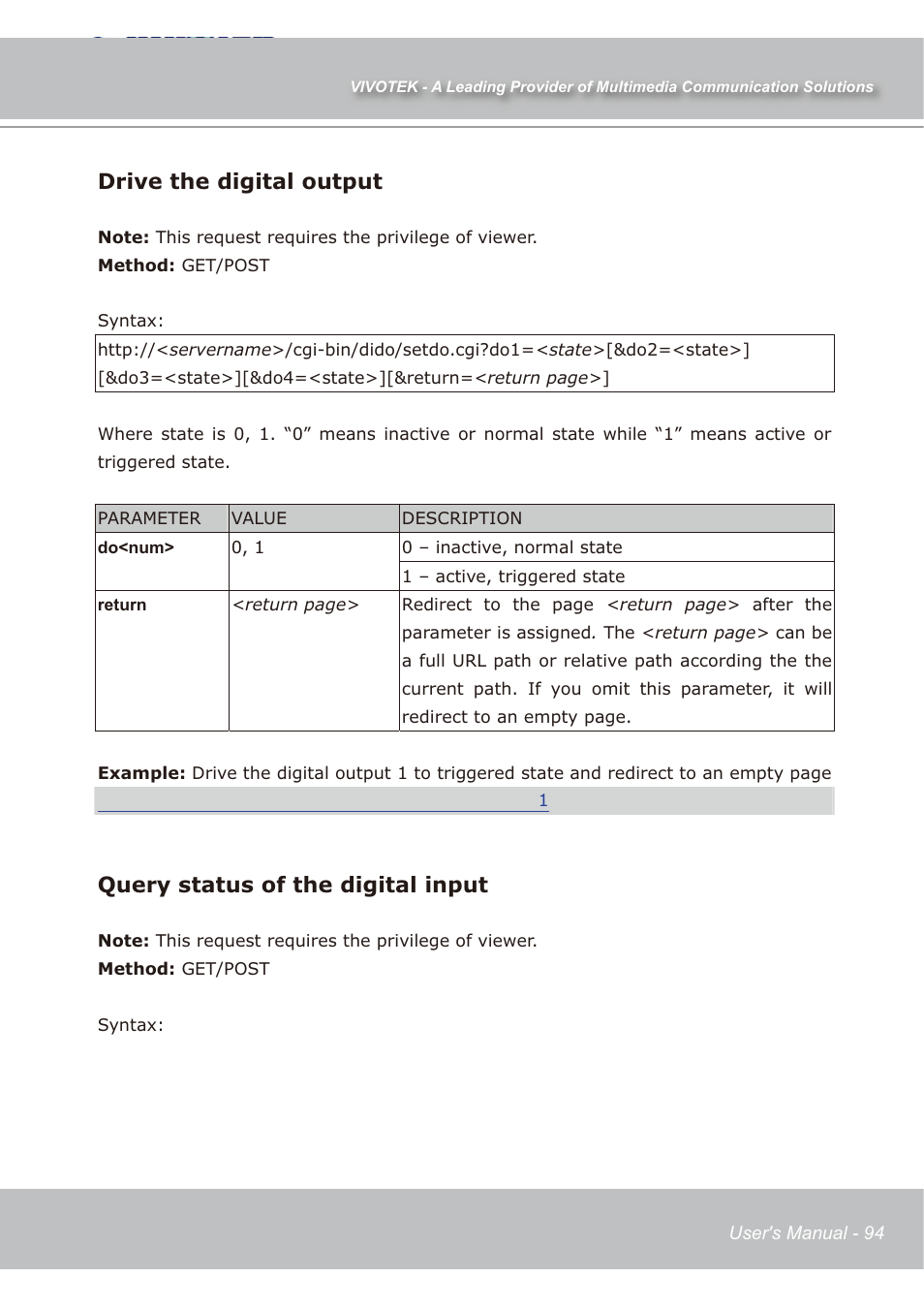 Drive the digital output, Query status of the digital input | Vivotek IP7138 User Manual | Page 95 / 105