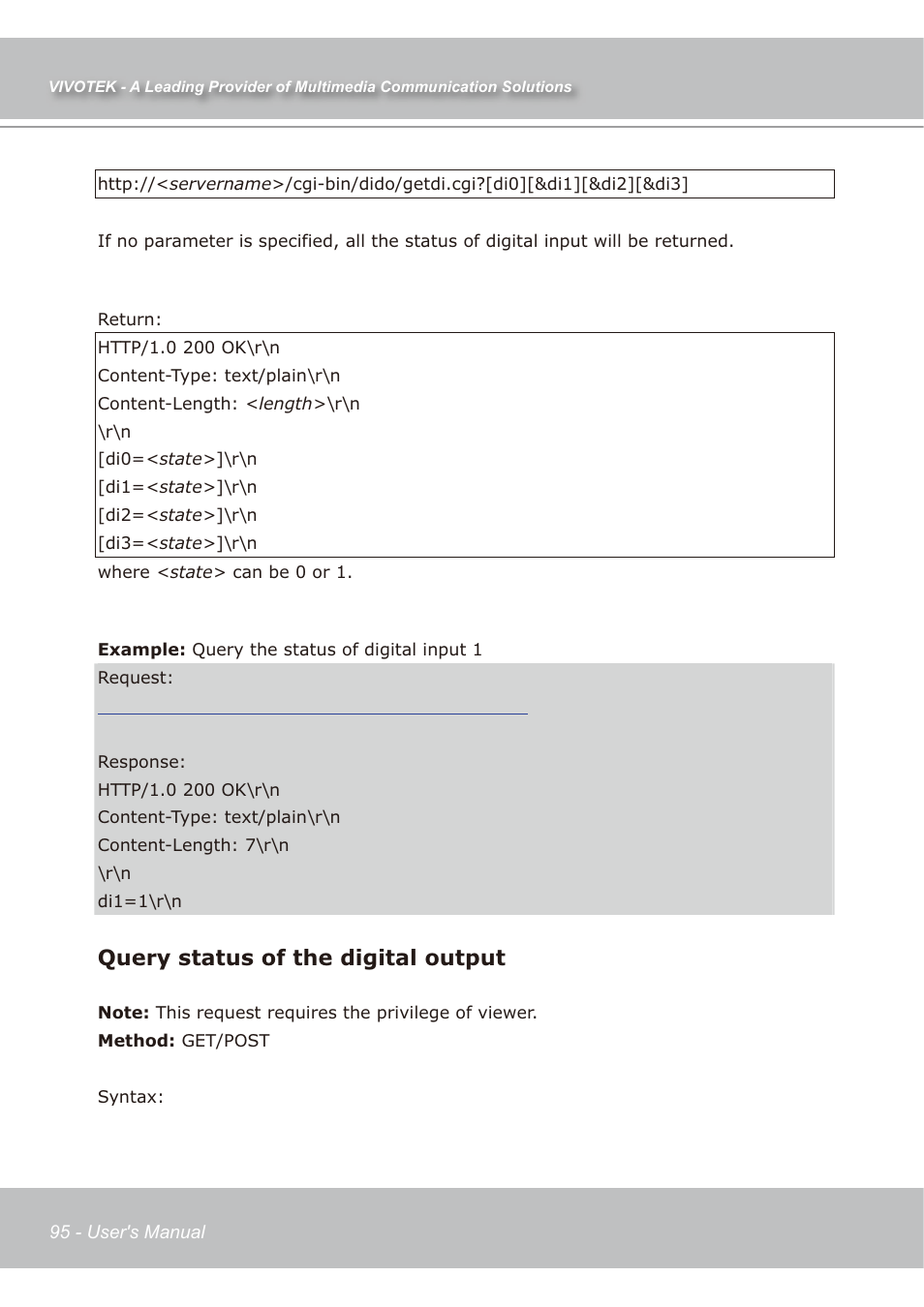 Query status of the digital output | Vivotek IP7138 User Manual | Page 96 / 105