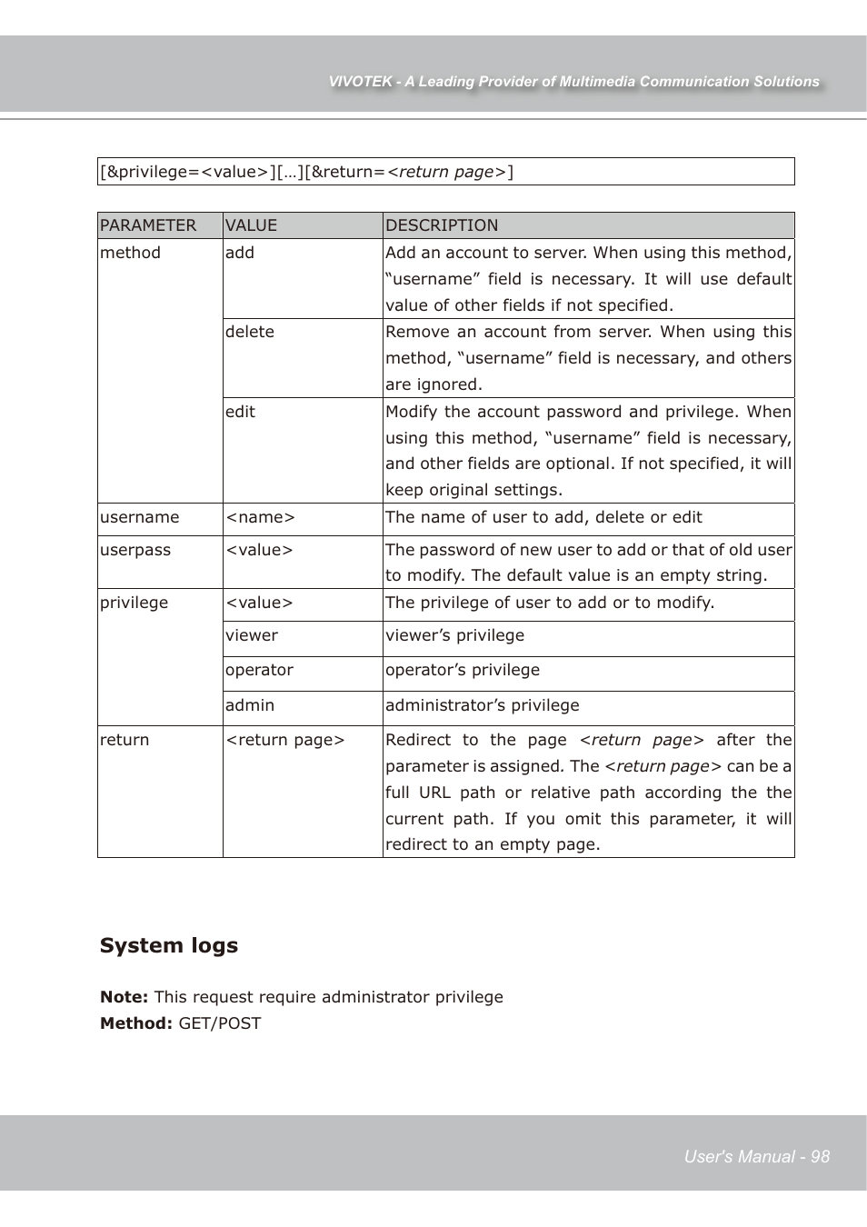 System logs | Vivotek IP7138 User Manual | Page 99 / 105