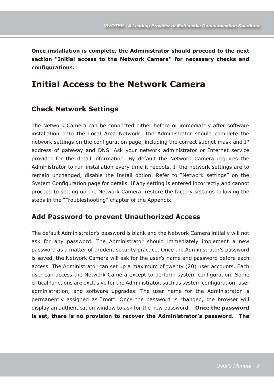 Initial access to the network camera, Check network settings, Add password to prevent unauthorized access | Vivotek IP7139 User Manual | Page 10 / 109