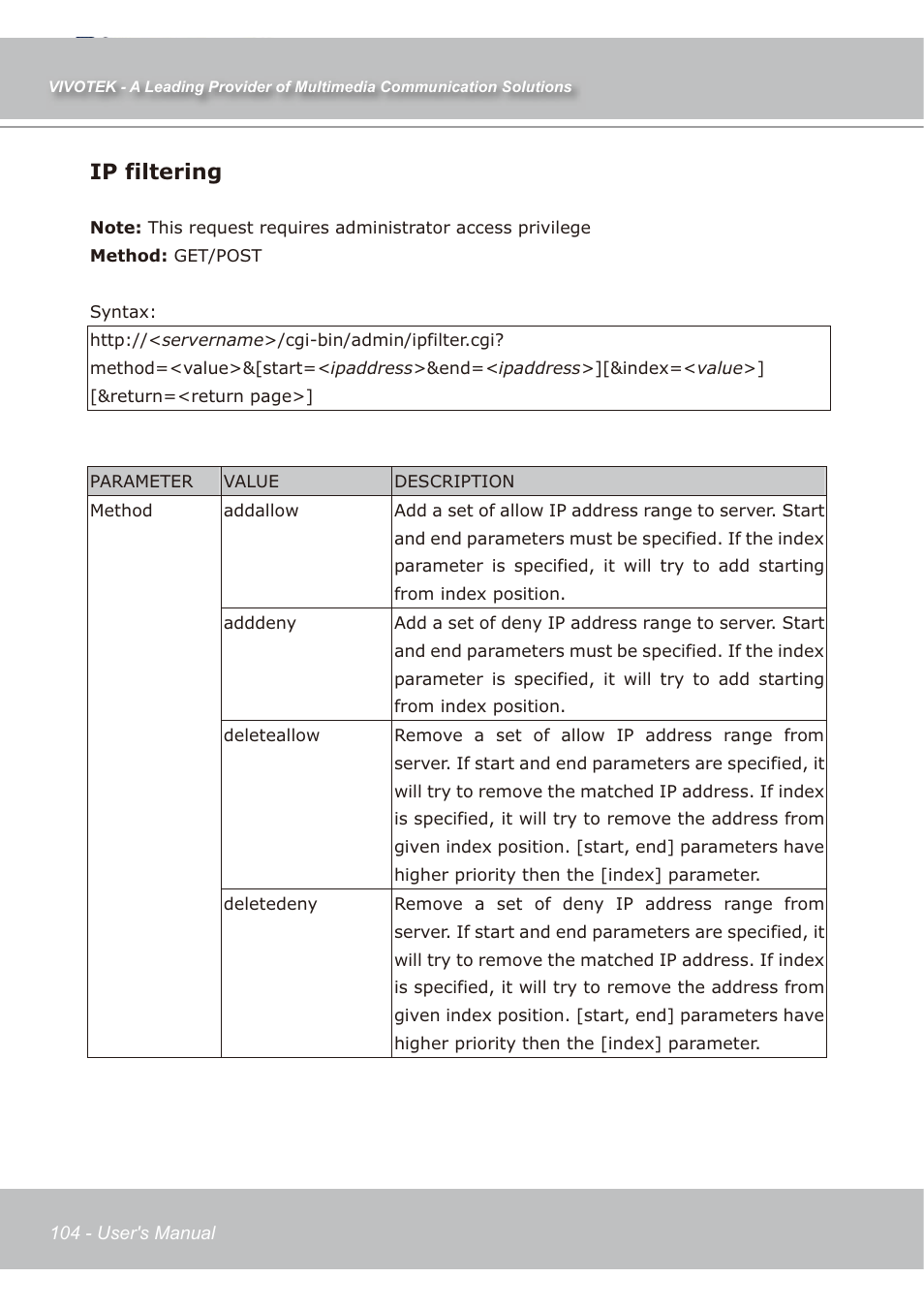 Ip filtering | Vivotek IP7139 User Manual | Page 105 / 109