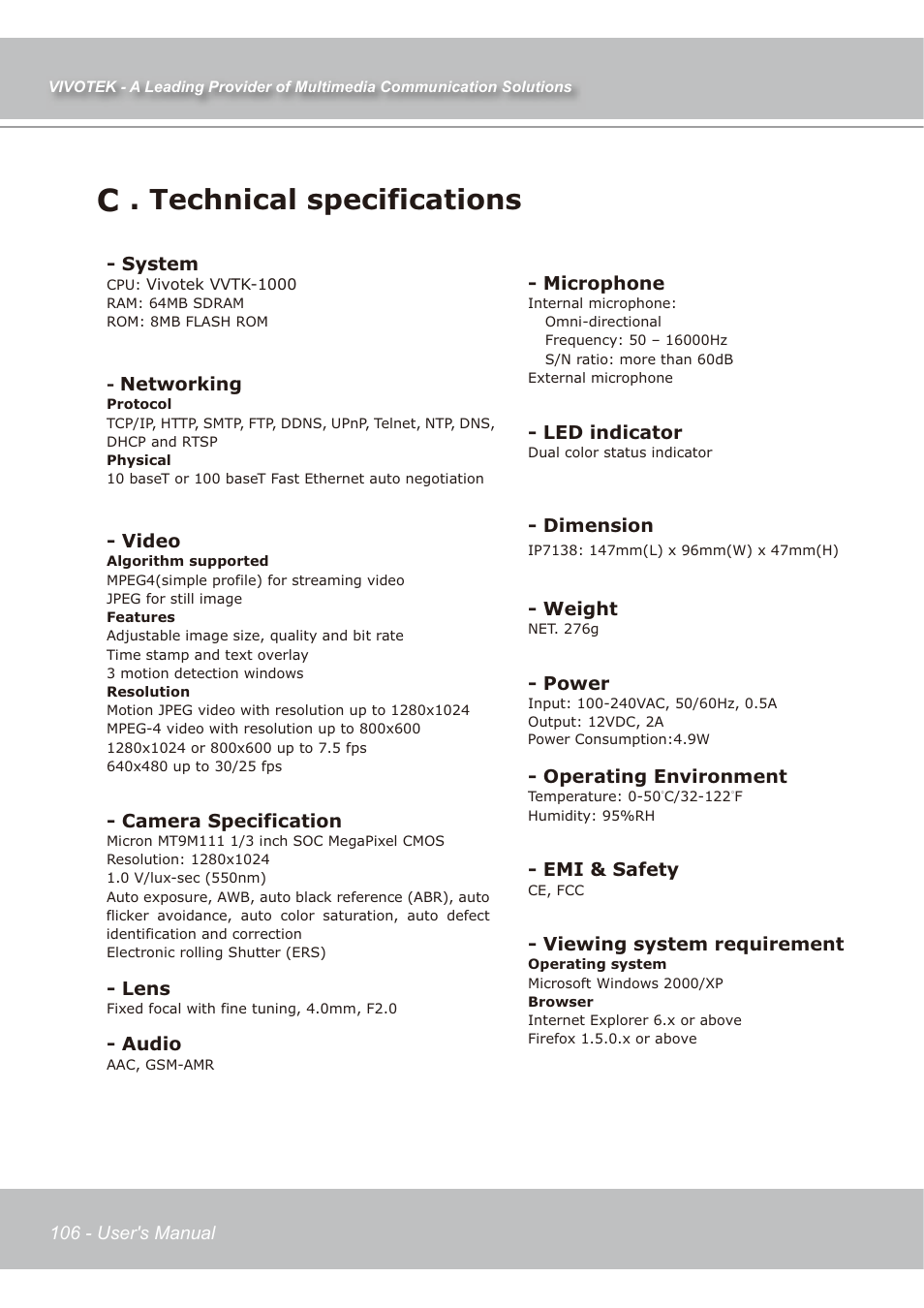 D. technical specifications | Vivotek IP7139 User Manual | Page 107 / 109