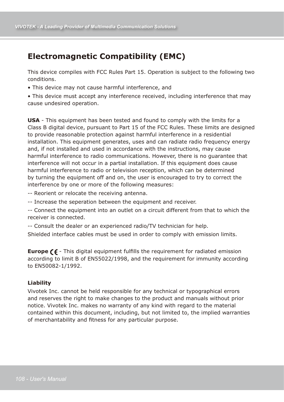 Electromagnetic compatibility (emc) | Vivotek IP7139 User Manual | Page 109 / 109