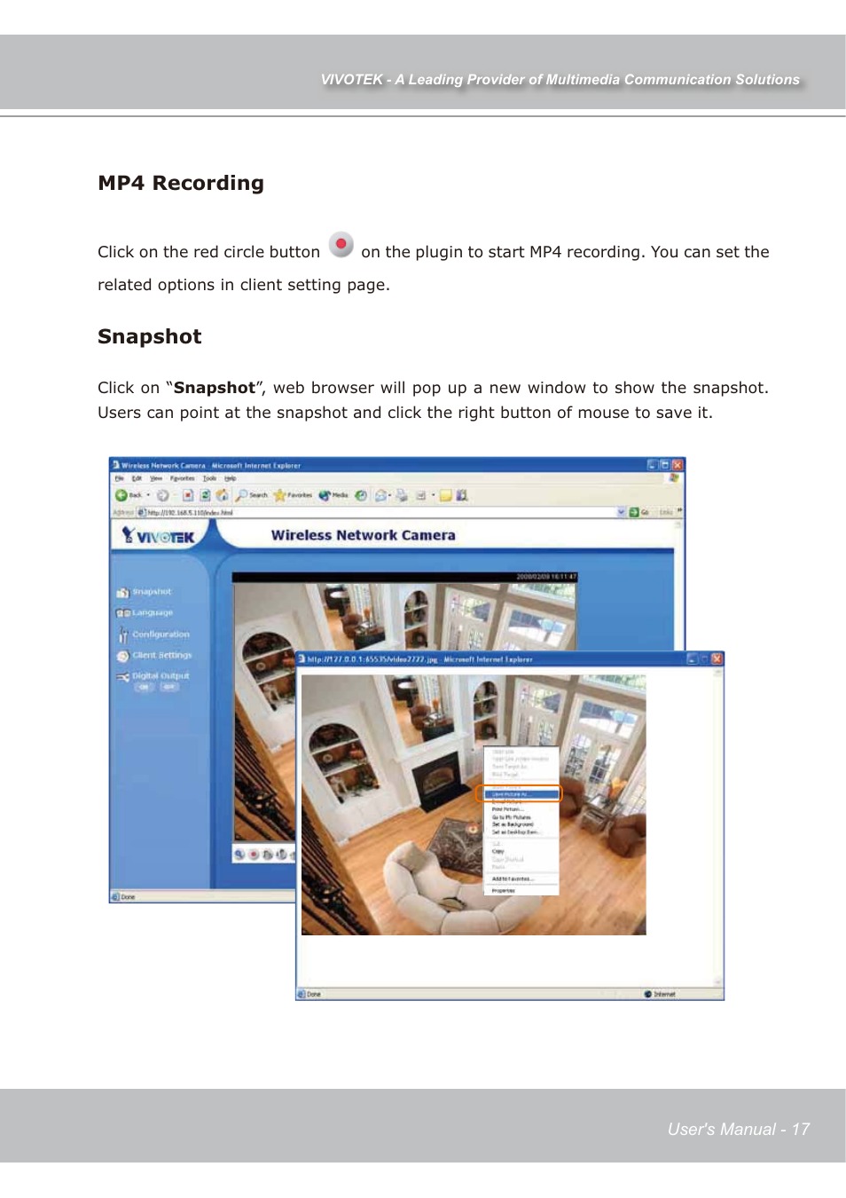 Mp4 recording, Snapshot | Vivotek IP7139 User Manual | Page 18 / 109
