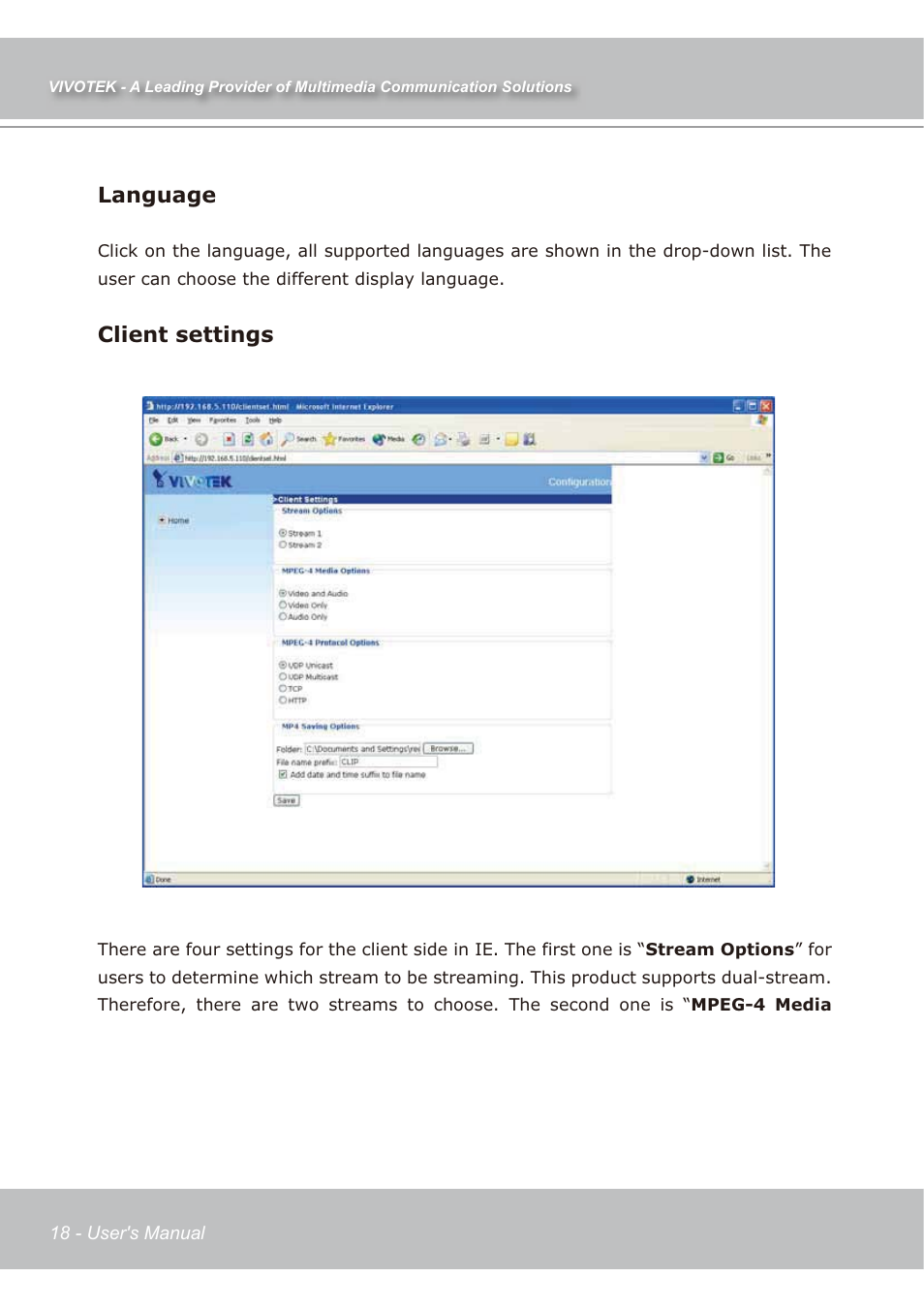 Language, Client settings | Vivotek IP7139 User Manual | Page 19 / 109