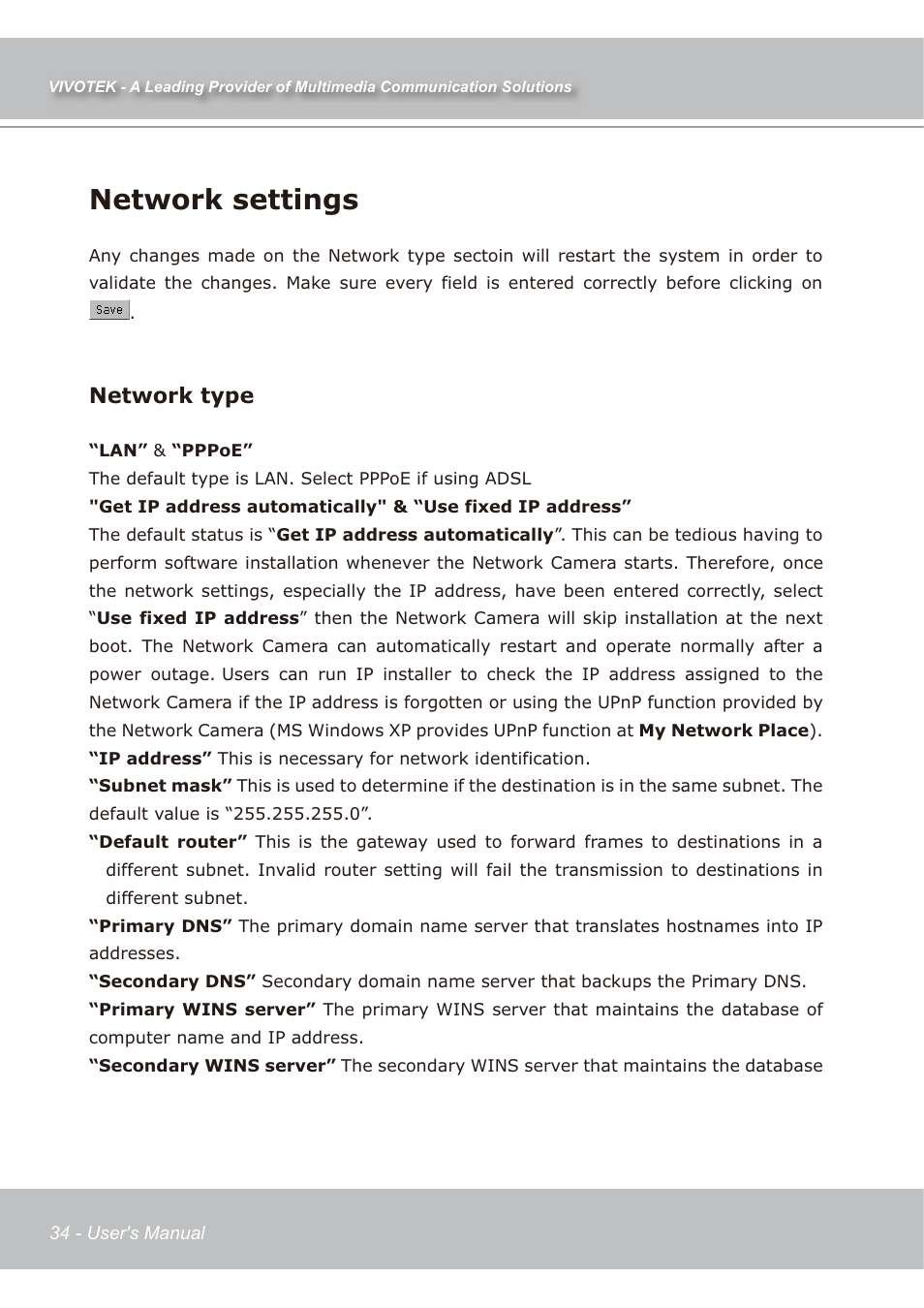 Network settings, Network type | Vivotek IP7139 User Manual | Page 35 / 109