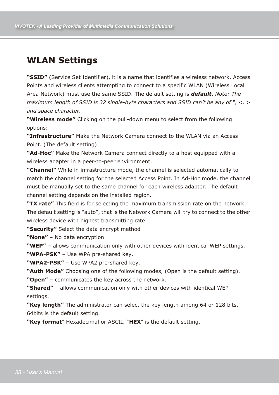 Wlan settings | Vivotek IP7139 User Manual | Page 39 / 109