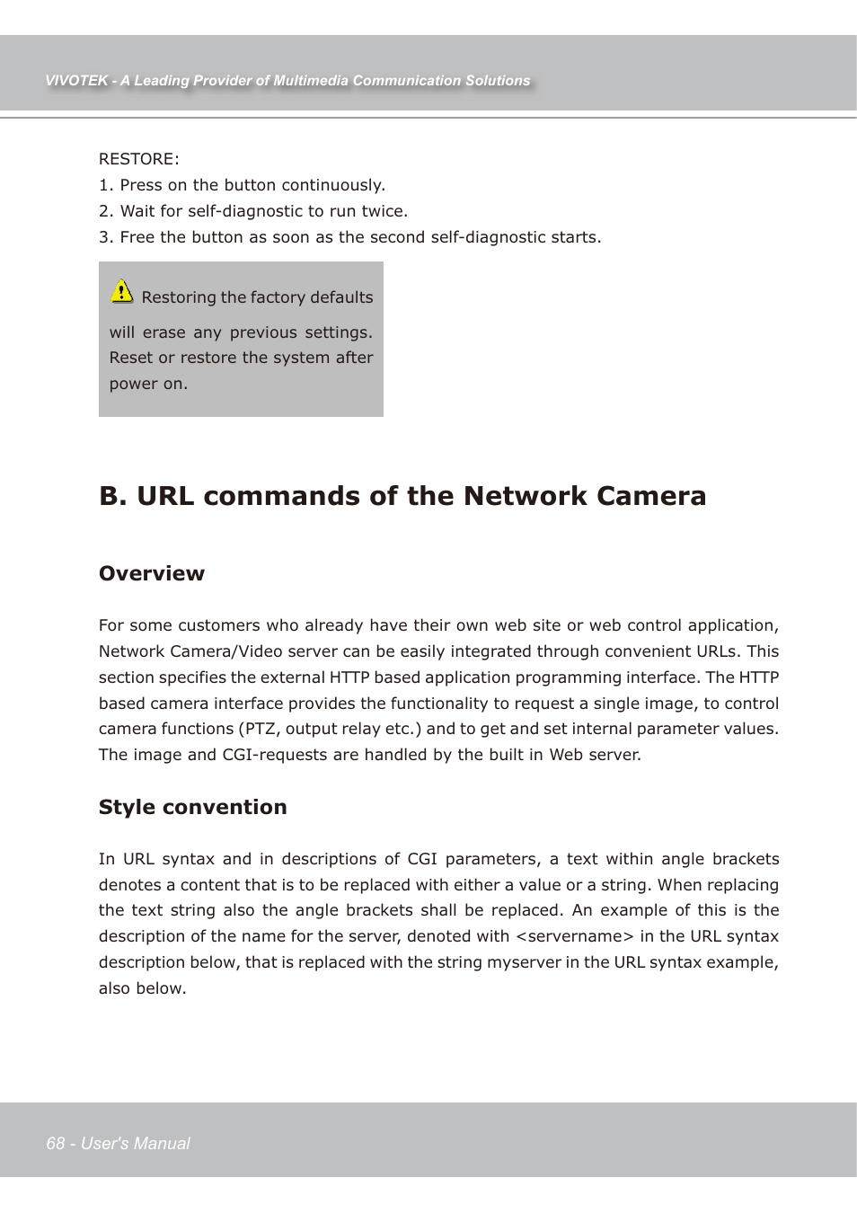 B. url commands of the network camera, Overview, Style convention | Vivotek IP7139 User Manual | Page 69 / 109