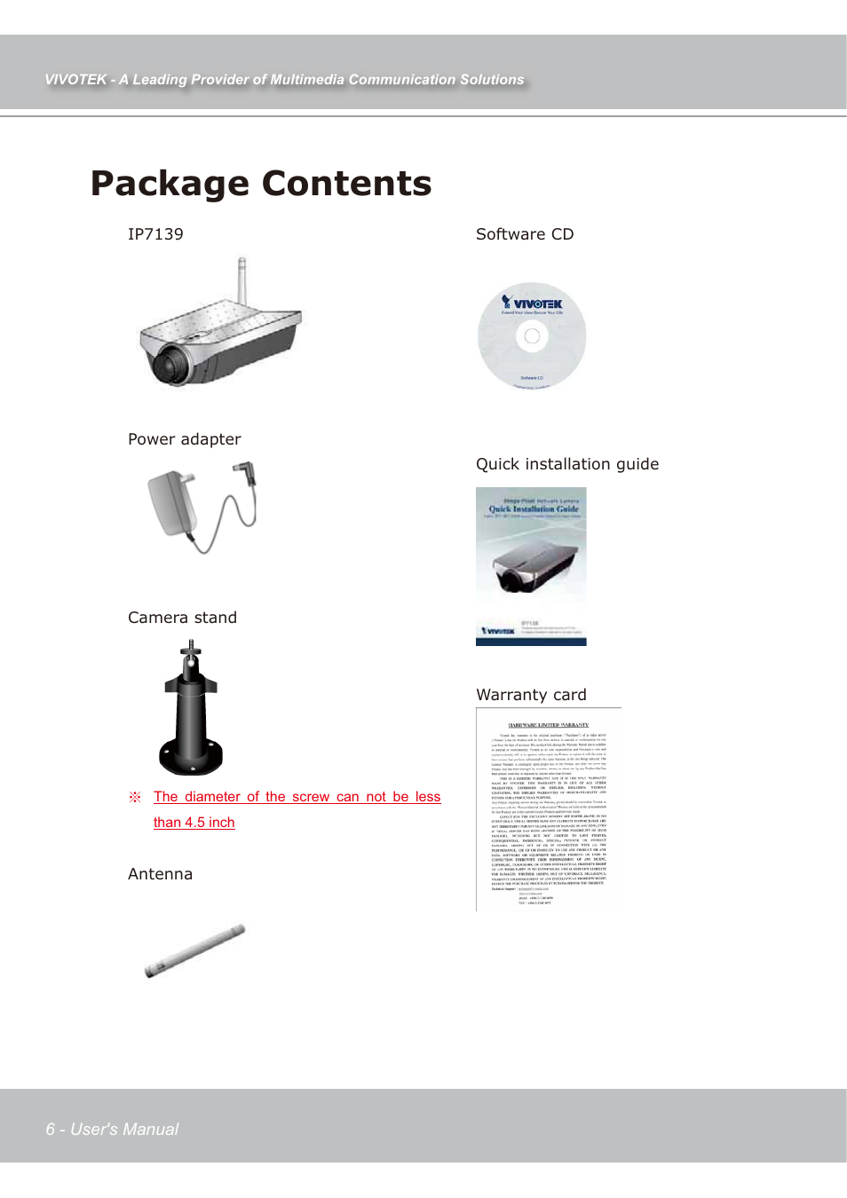 Package contents | Vivotek IP7139 User Manual | Page 7 / 109