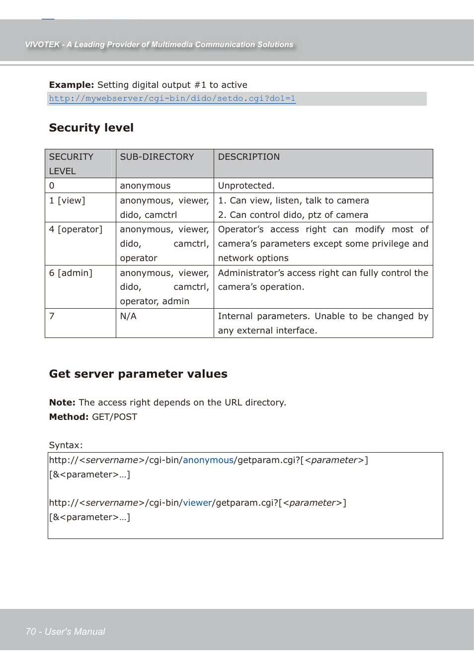 Security level, Get server parameter values | Vivotek IP7139 User Manual | Page 71 / 109
