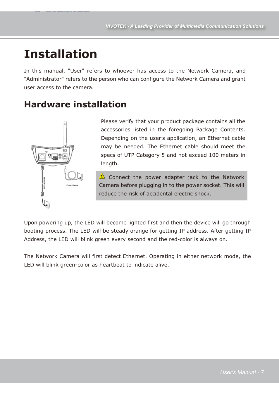 Installation, Hardware installation | Vivotek IP7139 User Manual | Page 8 / 109