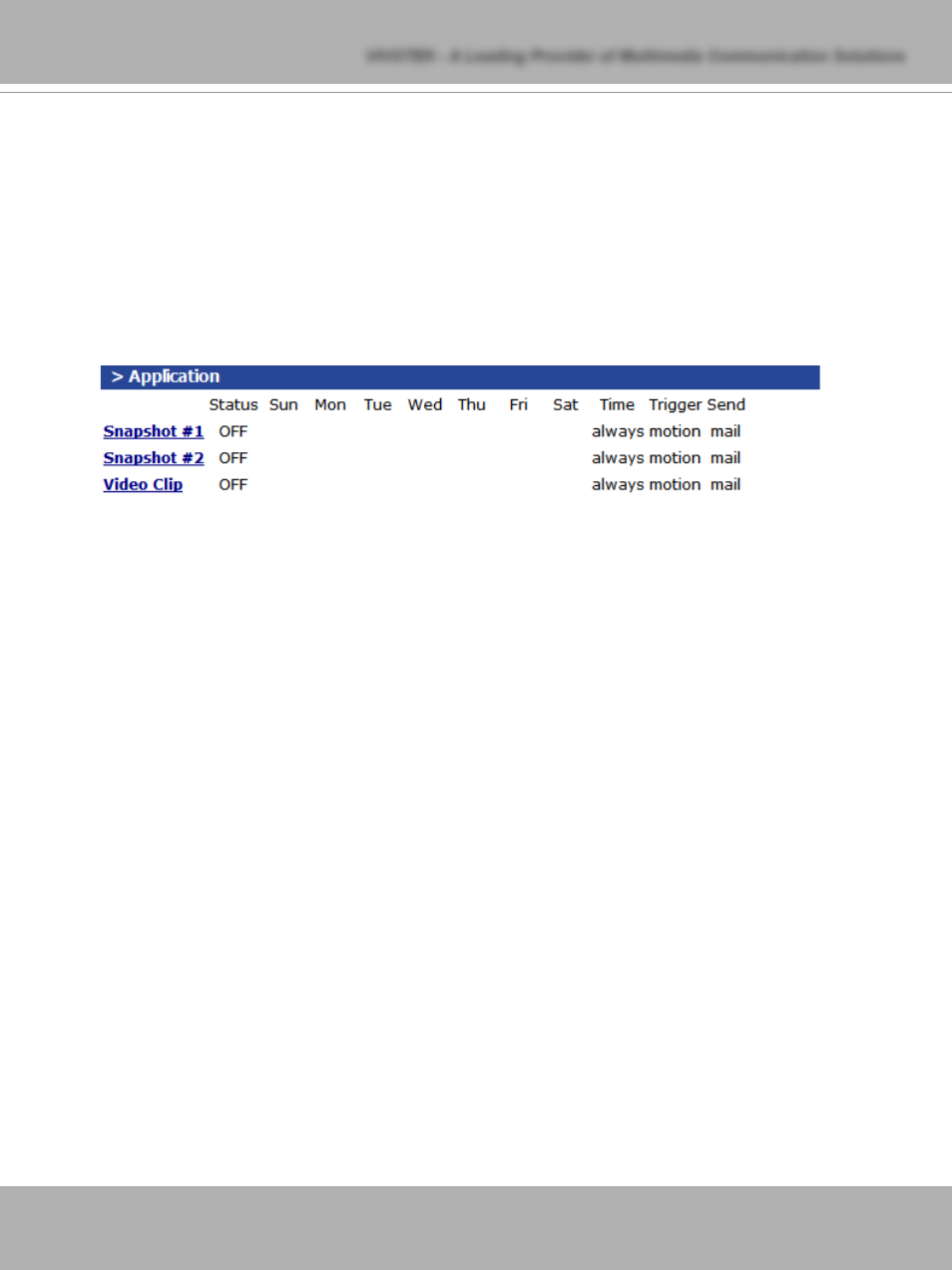 Application settings, Snapshot, Weekly schedule | Snapshot file name prefix, Send out the snapshot while motion detection | Vivotek IP7137 User Manual | Page 41 / 72