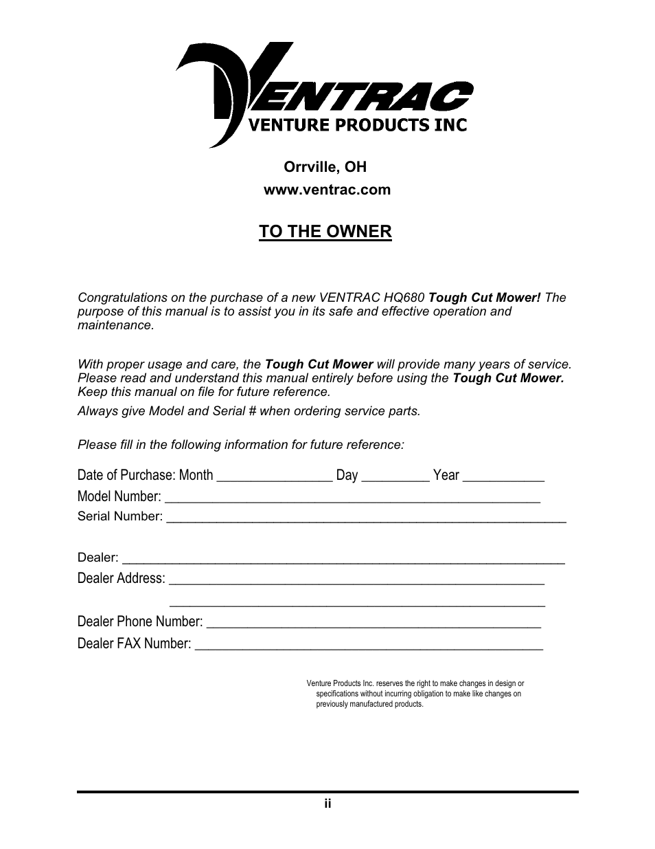 Venture Products Ventrac HQ680 User Manual | Page 2 / 30