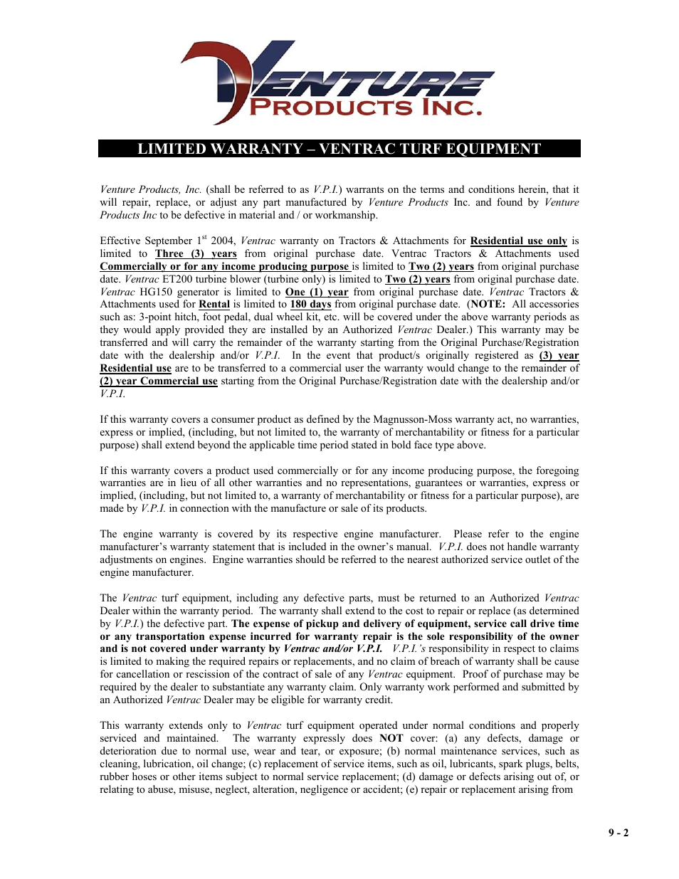 Limited warranty – ventrac turf equipment | Venture Products Ventrac HQ680 User Manual | Page 28 / 30