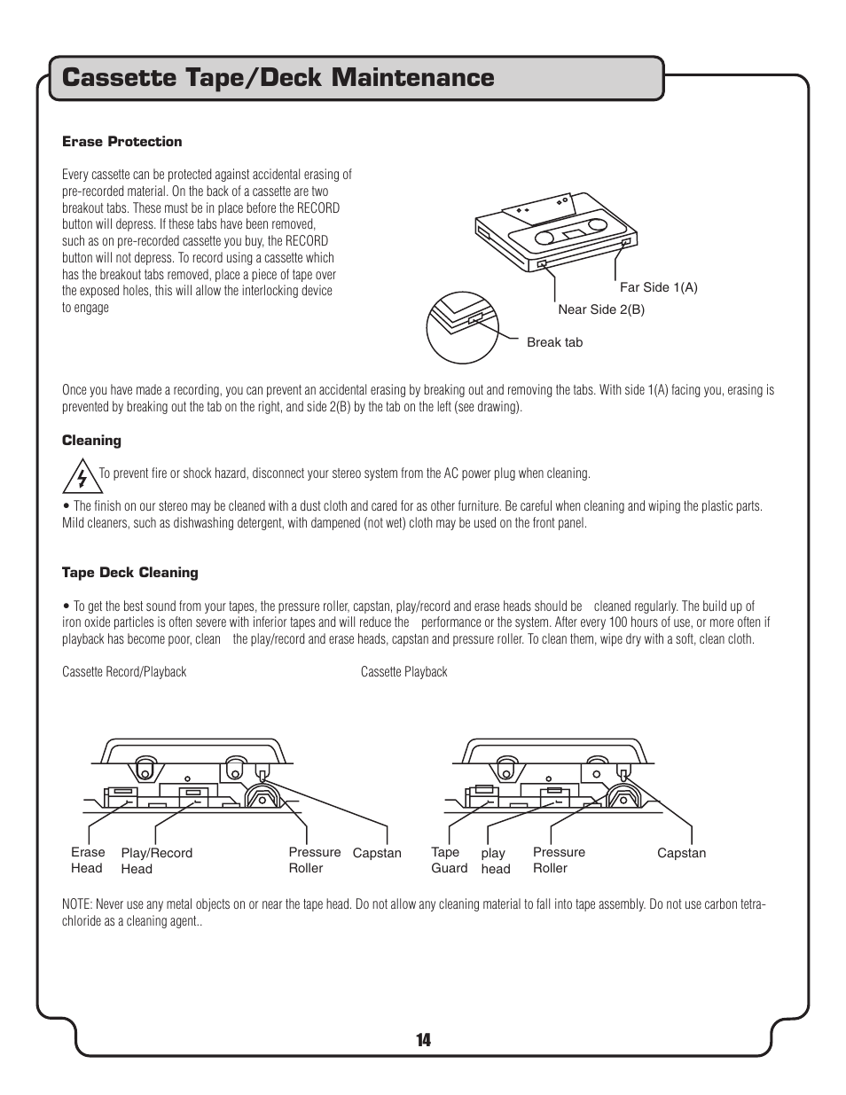 Cassette tape/deck maintenance | VocoPro DVD-Duet Digital Key Control DVD/CD/CDC Dual Cassette Karaoke System User Manual | Page 14 / 22