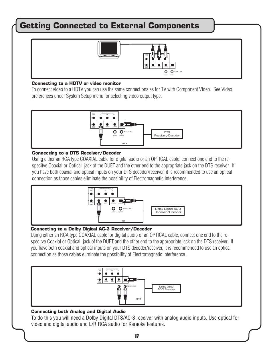 Getting connected to external components, Connecting to a hdtv or video monitor, Connecting both analog and digital audio | Connecting to a dts receiver/decoder | VocoPro DVD-Duet Digital Key Control DVD/CD/CDC Dual Cassette Karaoke System User Manual | Page 17 / 22