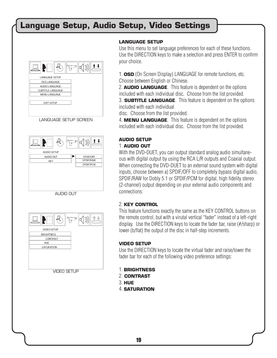 Language setup, audio setup, video settings | VocoPro DVD-Duet Digital Key Control DVD/CD/CDC Dual Cassette Karaoke System User Manual | Page 19 / 22