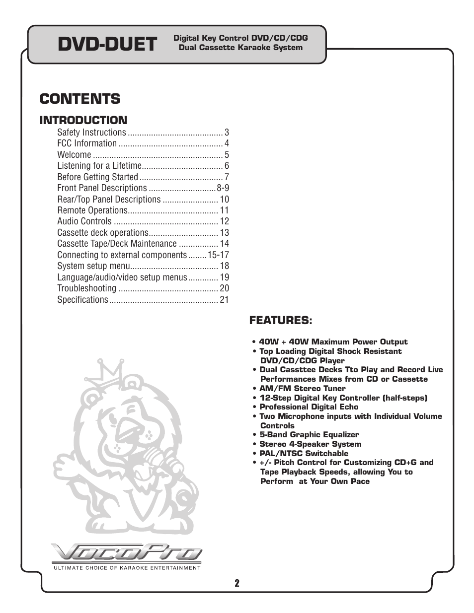 VocoPro DVD-Duet Digital Key Control DVD/CD/CDC Dual Cassette Karaoke System User Manual | Page 2 / 22