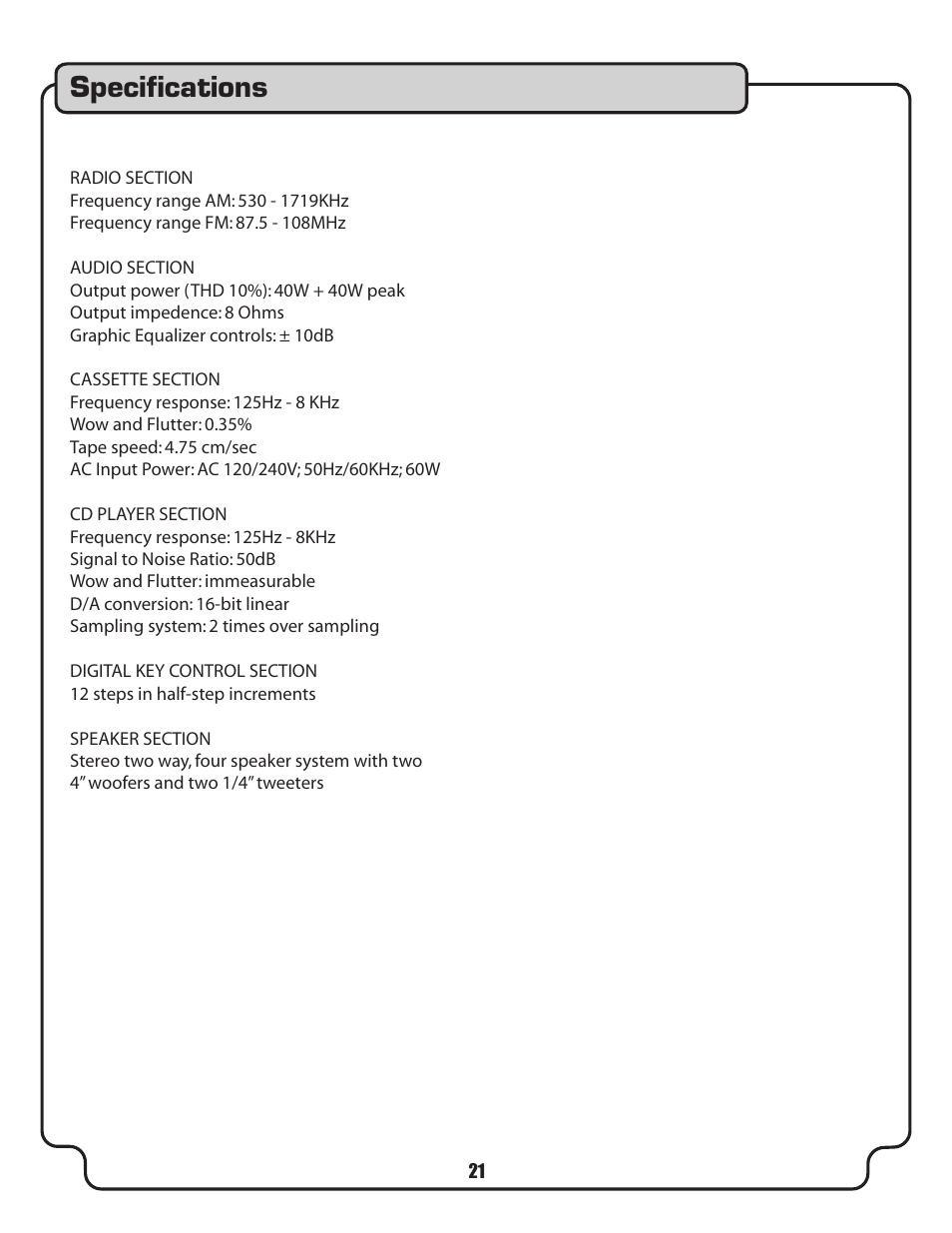 Speciﬁcations | VocoPro DVD-Duet Digital Key Control DVD/CD/CDC Dual Cassette Karaoke System User Manual | Page 21 / 22
